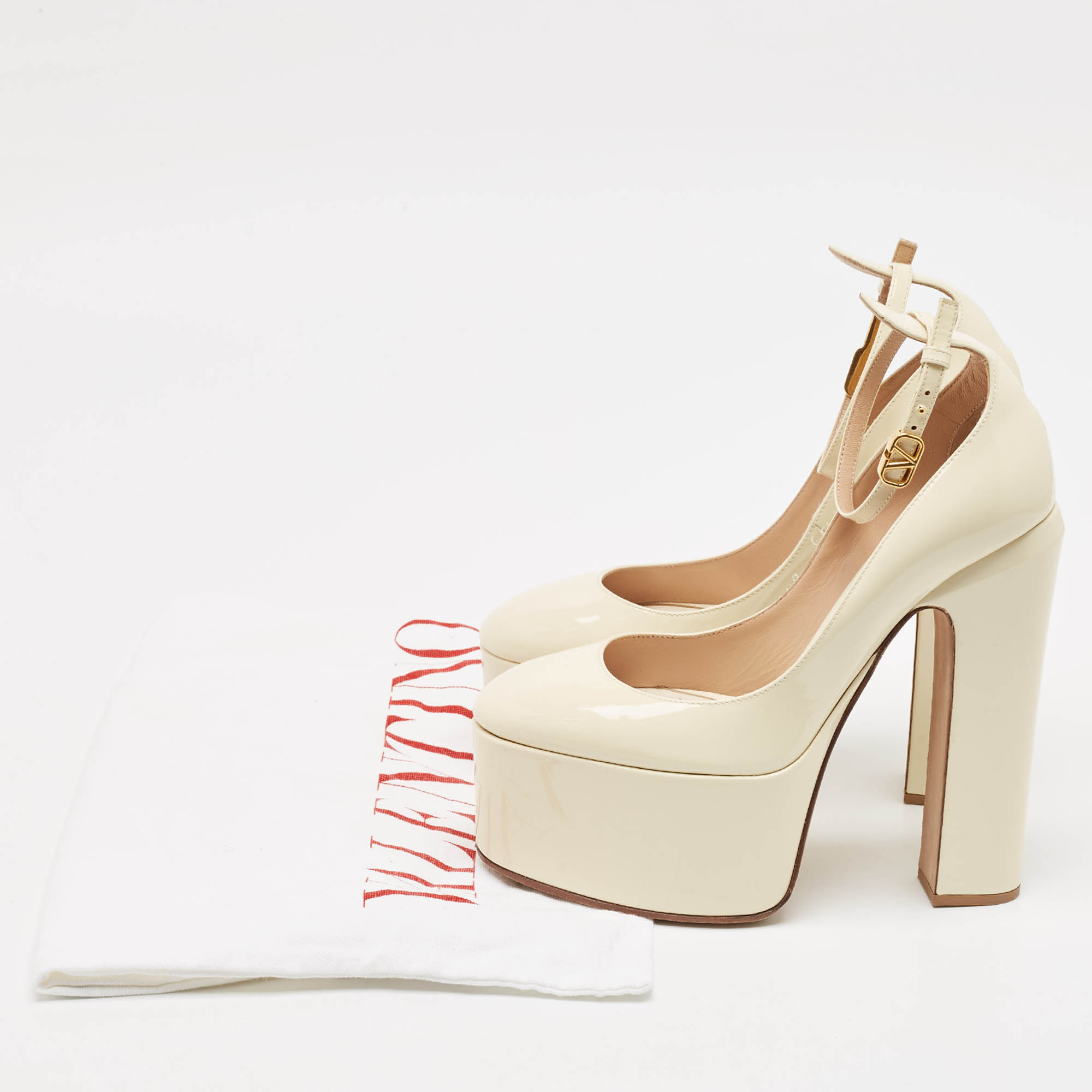 Valentino Cream Patent Leather Tango Platform Ankle Strap Block Heel Pumps Size 37.5 