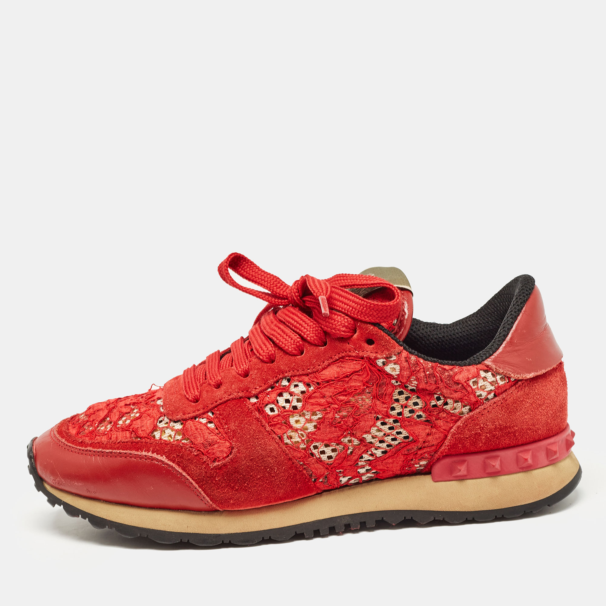 

Valentino Red Lace and Suede Rockrunner Lace Up Sneakers Size