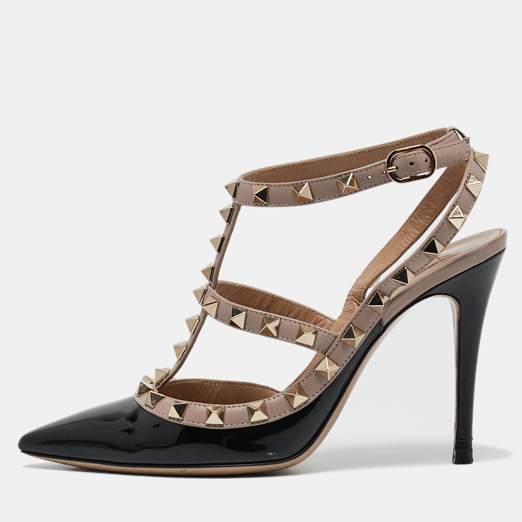 

Valentino Black/Beige Patent Leather Rockstud Ankle Strap Pumps Size