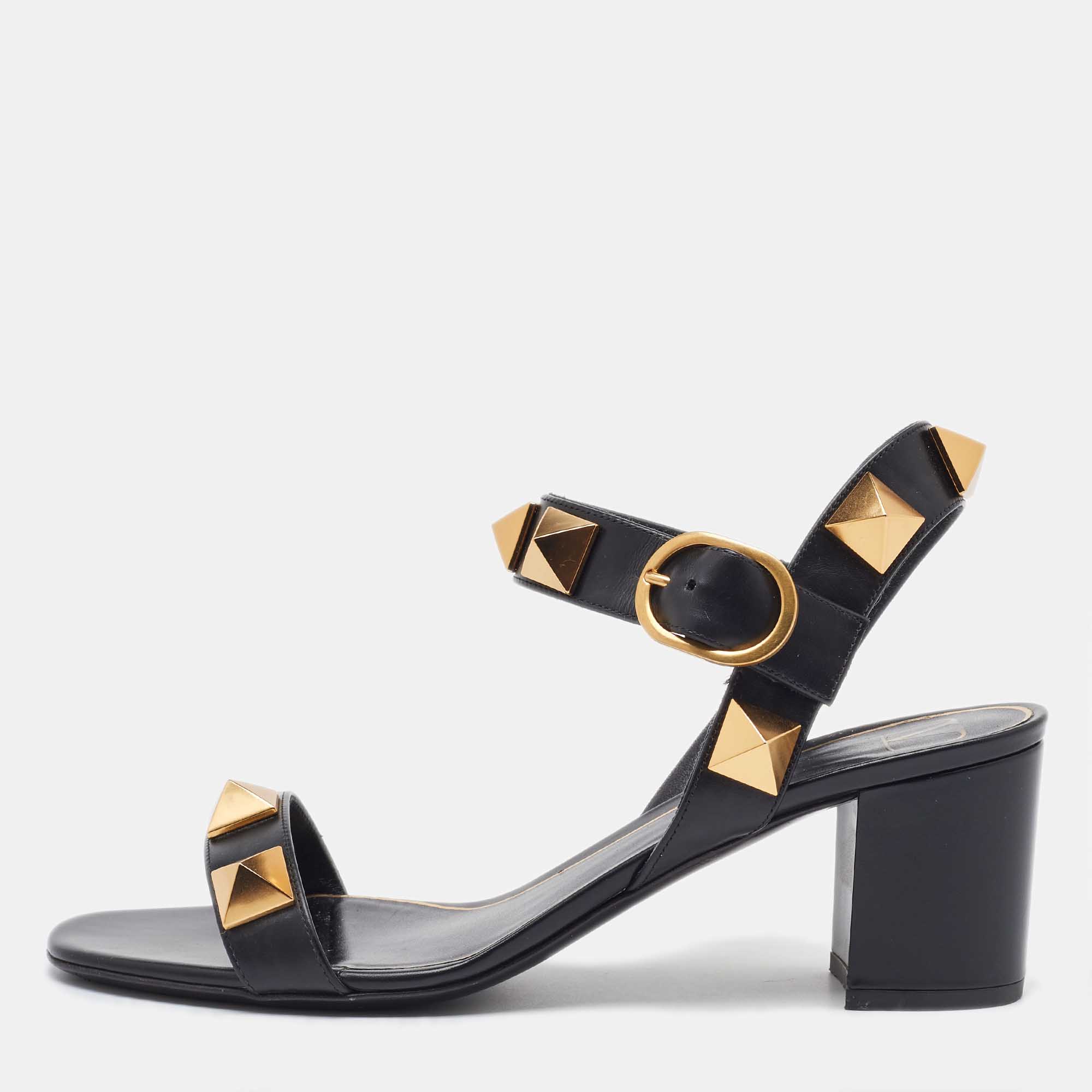 

Valentino Black Leather Roman Stud Ankle Strap Sandals Size