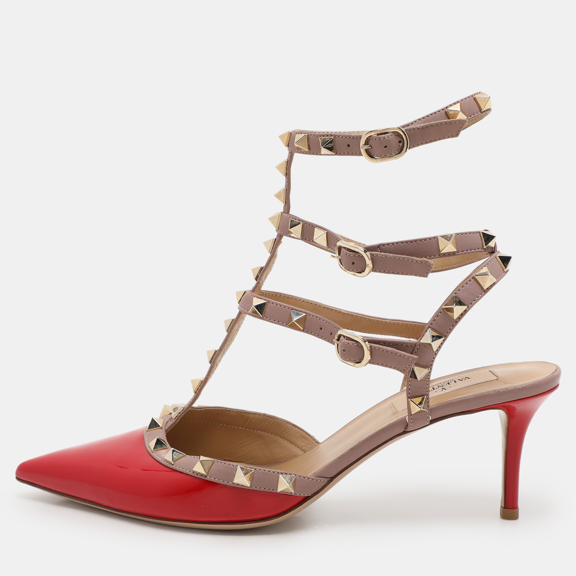 

Valentino Red/Beige Patent Leather Rockstud Ankle Strap Pumps Size