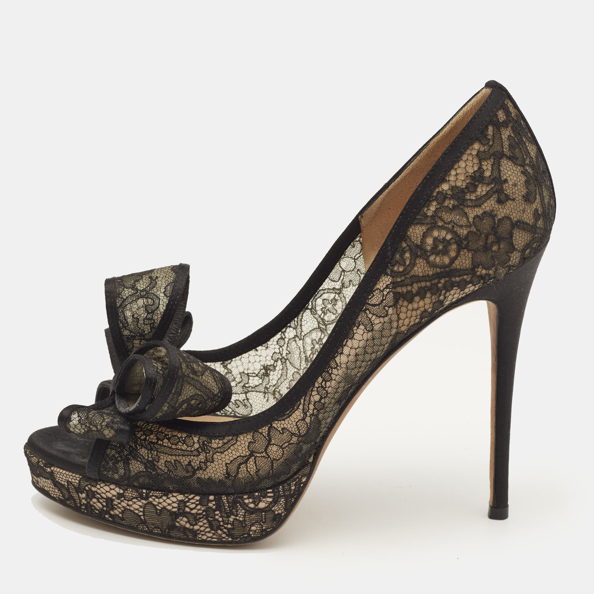 

Valentino Black Lace and Mesh Bow Peep Toe Platform Pumps Size