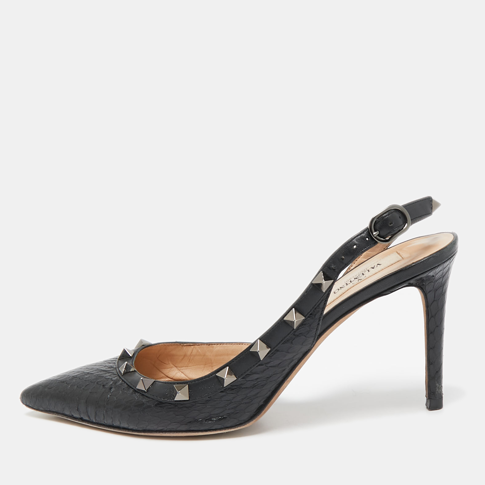 

Valentino Black Snakeskin and Leather Rockstud Slingback Pumps Size