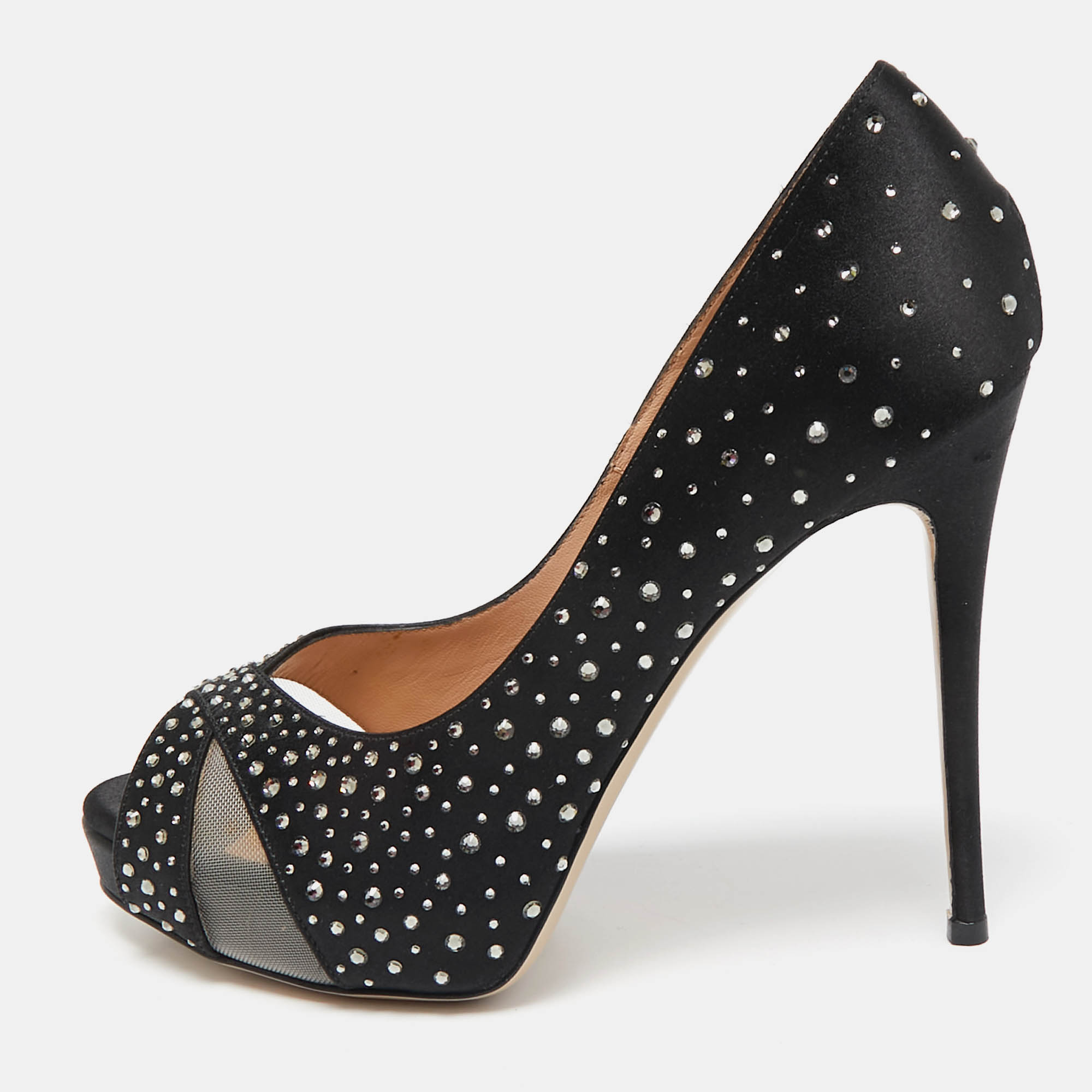 

Valentino Black Satin and Mesh Crystal Embellished Platform Pumps Size