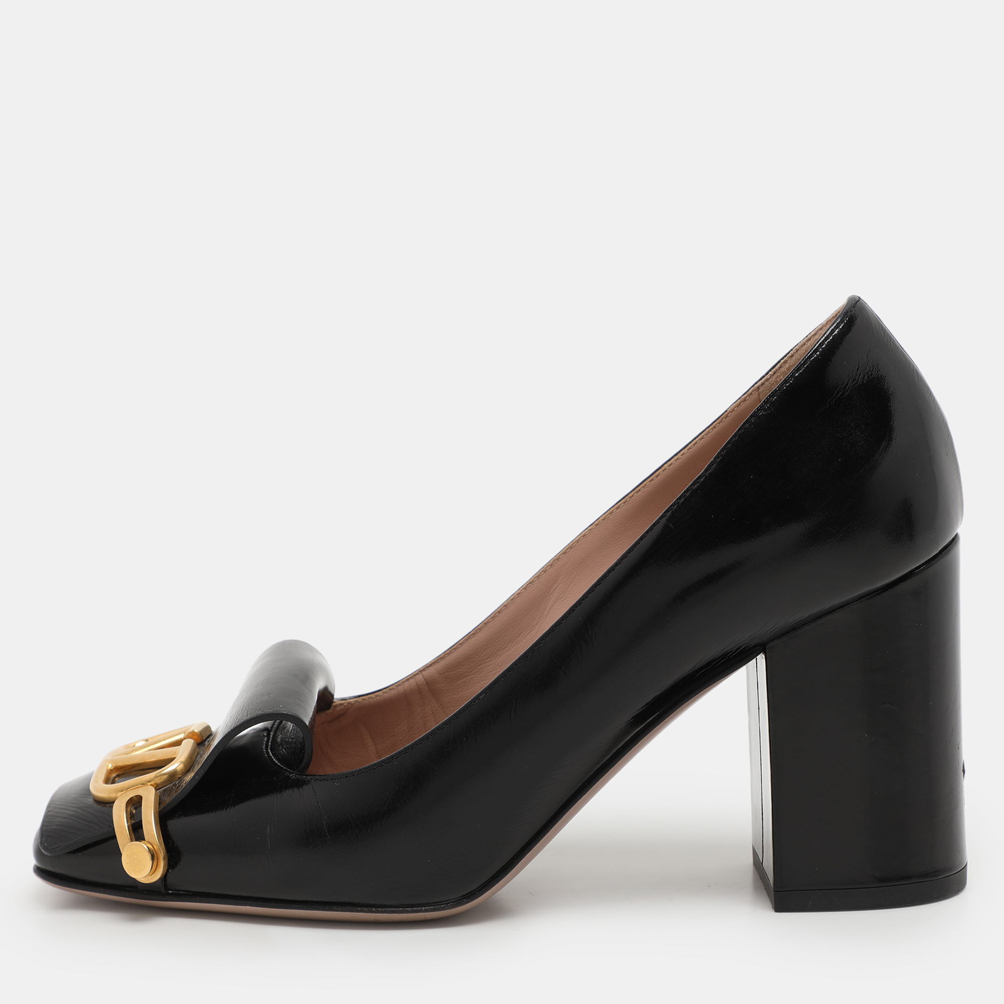 

Valentino Black Leather VLogo Club Block Heel Pumps Size