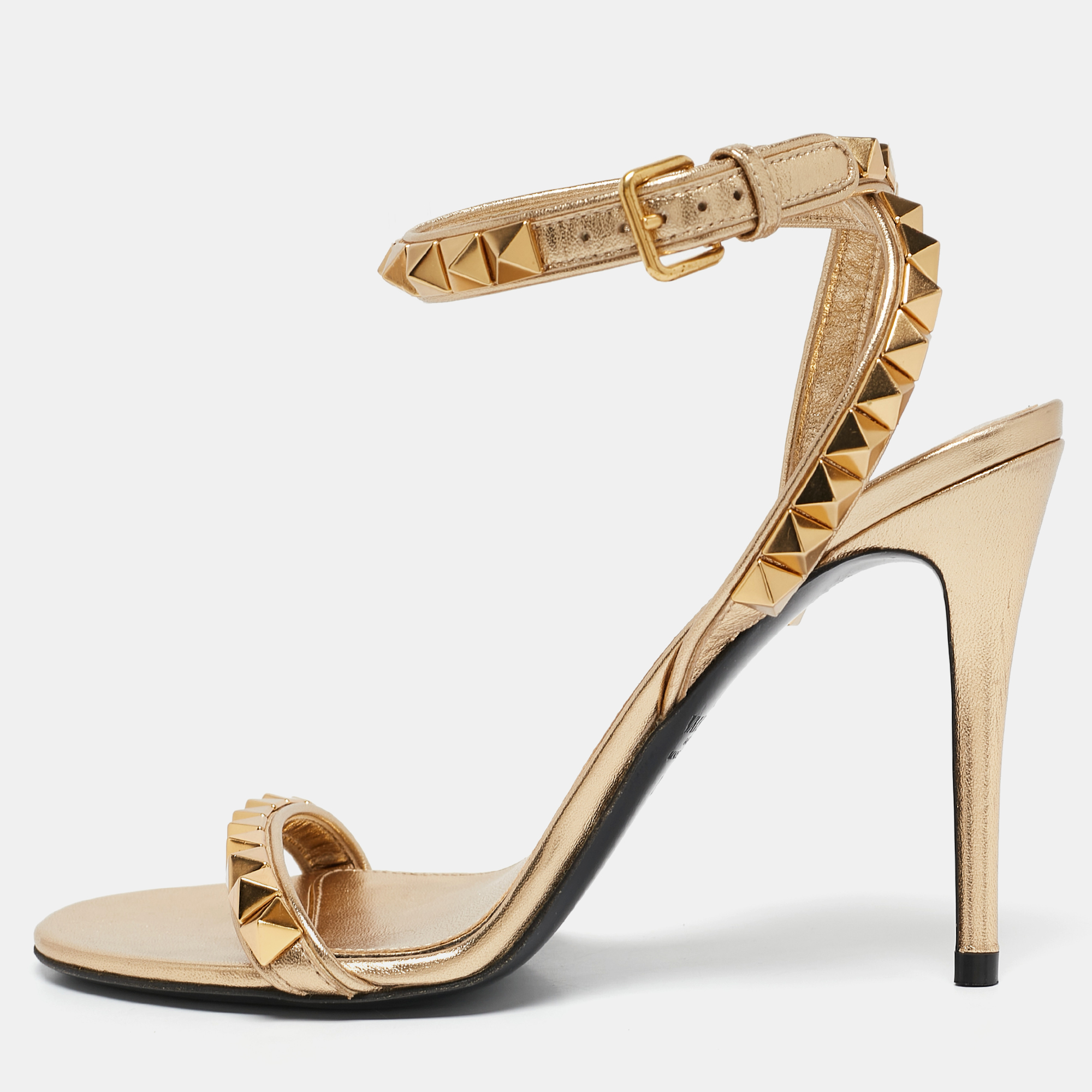 

Valentino Metallic Gold Leather Rockstud Ankle Strap Sandals Size