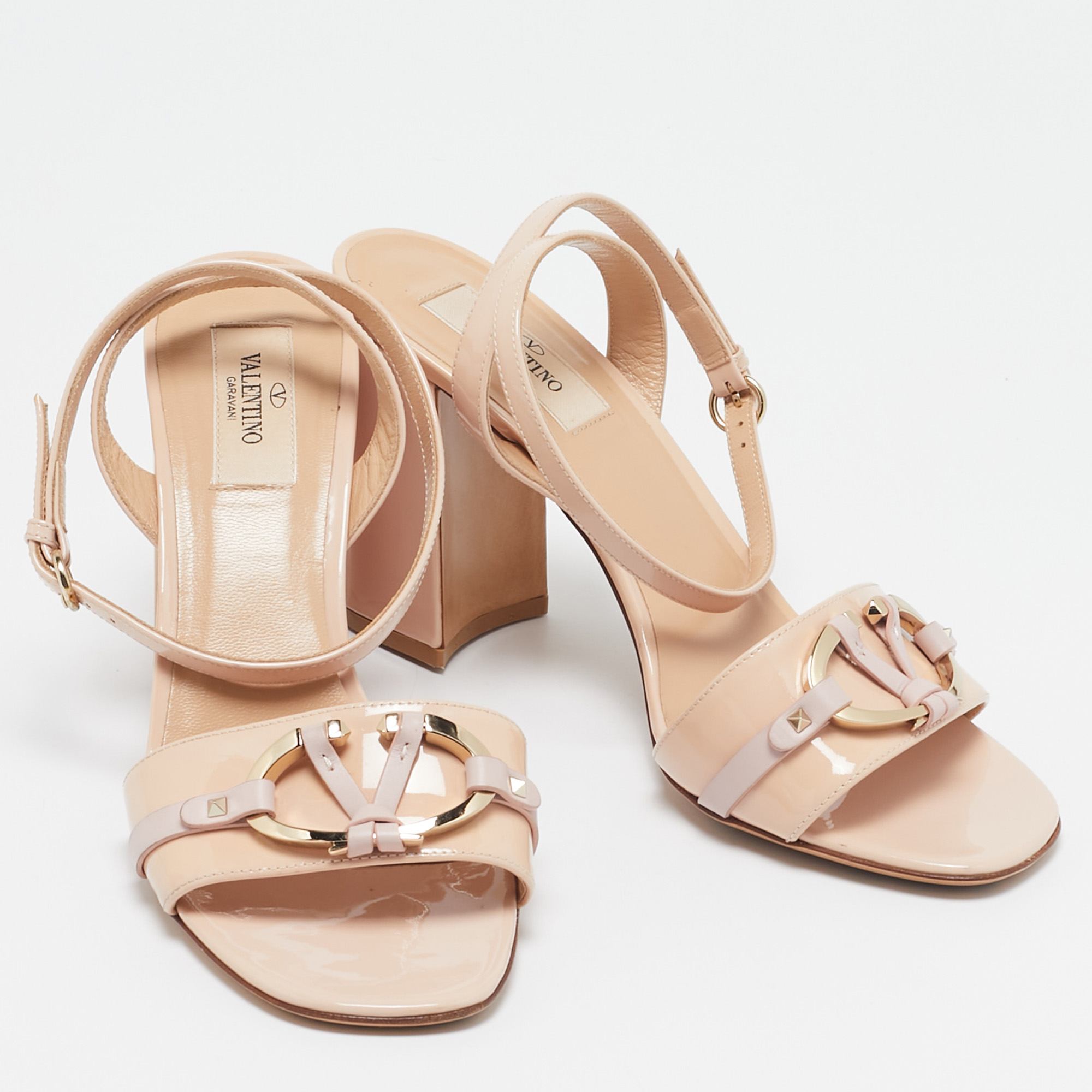 Valentino Beige Patent Leather Ankle Strap Sandals Size 37.5 