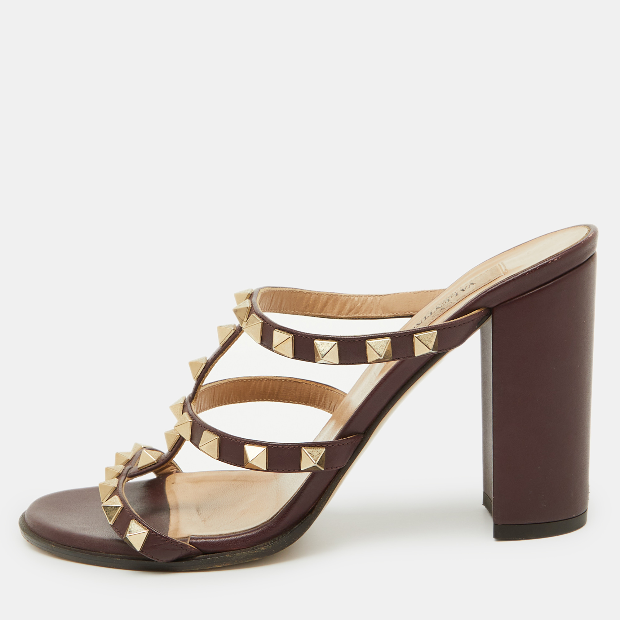 

Valentino Burgundy Leather Rockstud Block Heel Slide Sandals Size