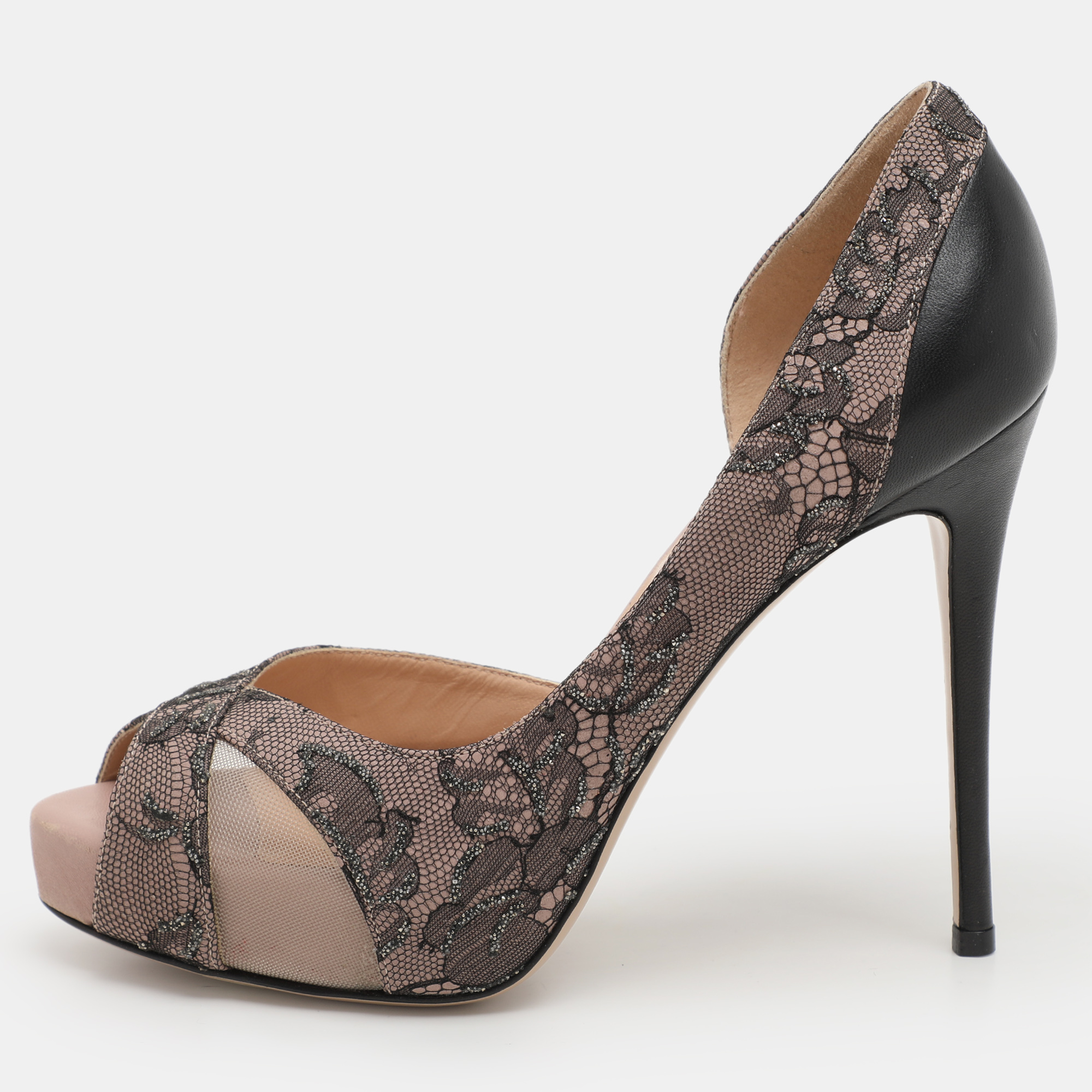 

Valentino Beige/Black Lace and Leather Peep Toe Platform Pumps Size