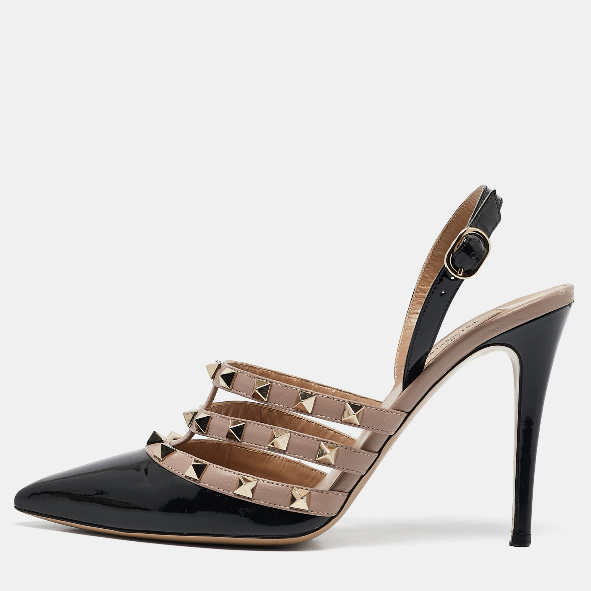 

Valentino Black/Dusty Pink Leather Rockstud Caged Slingback Pumps Size