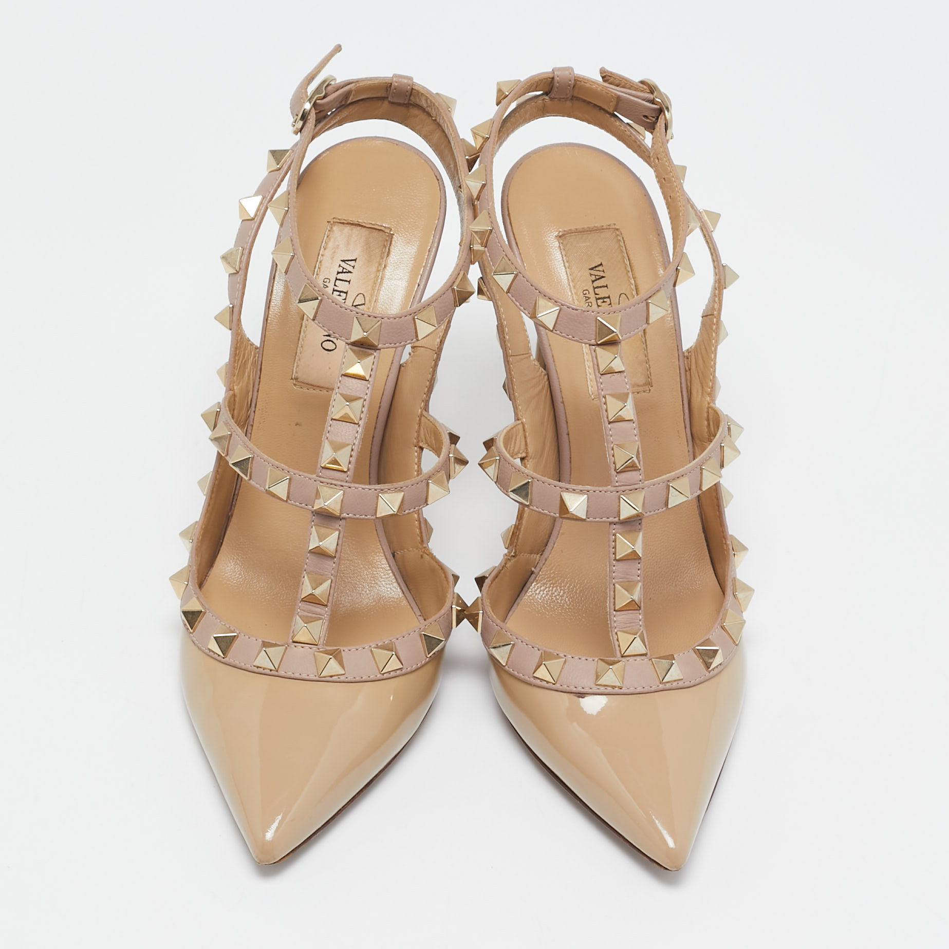Valentino Beige Patent Leather Rockstud Ankle Strap Pumps Size 35 
