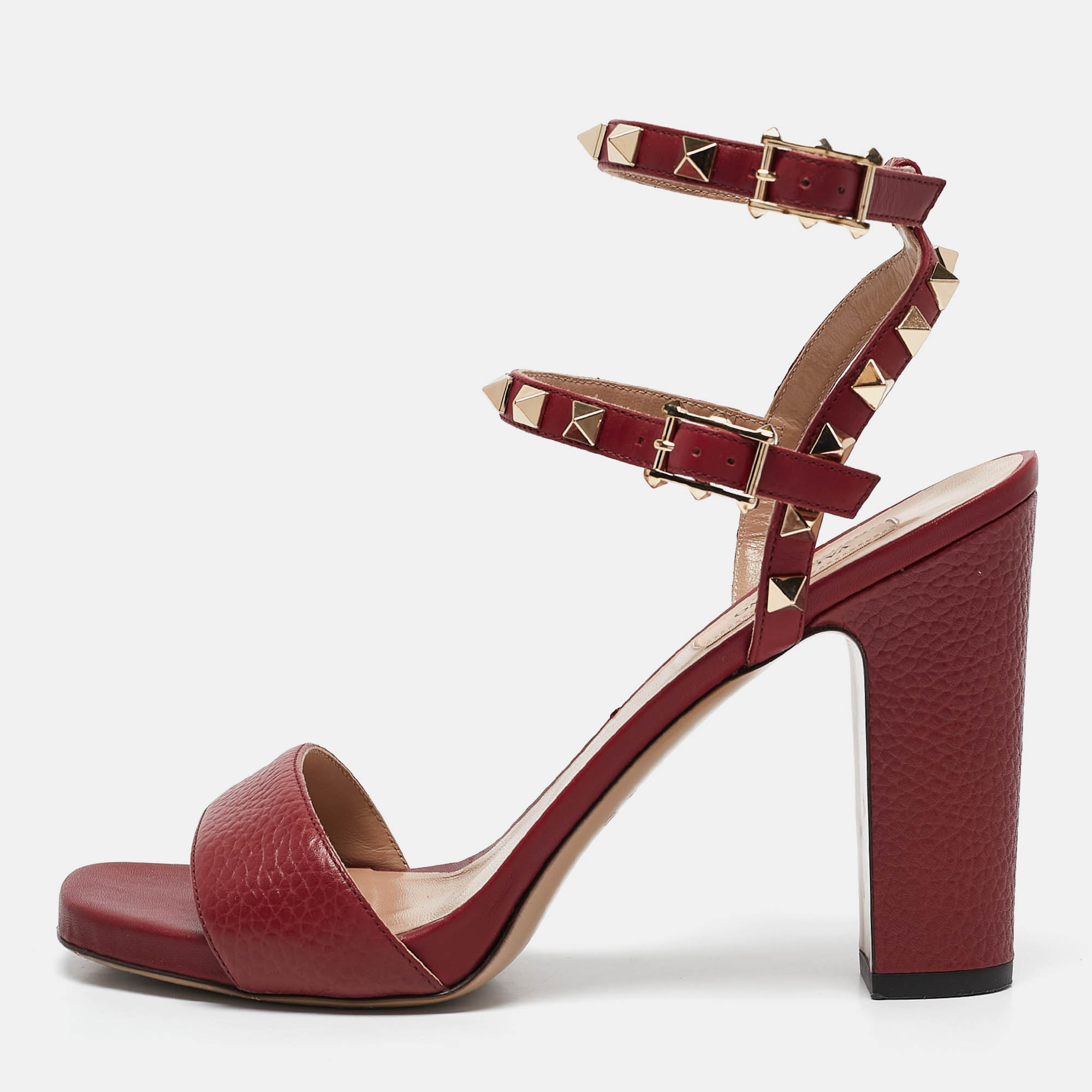 

Valentino Burgundy Leather Rockstud Ankle Strap Sandals Size