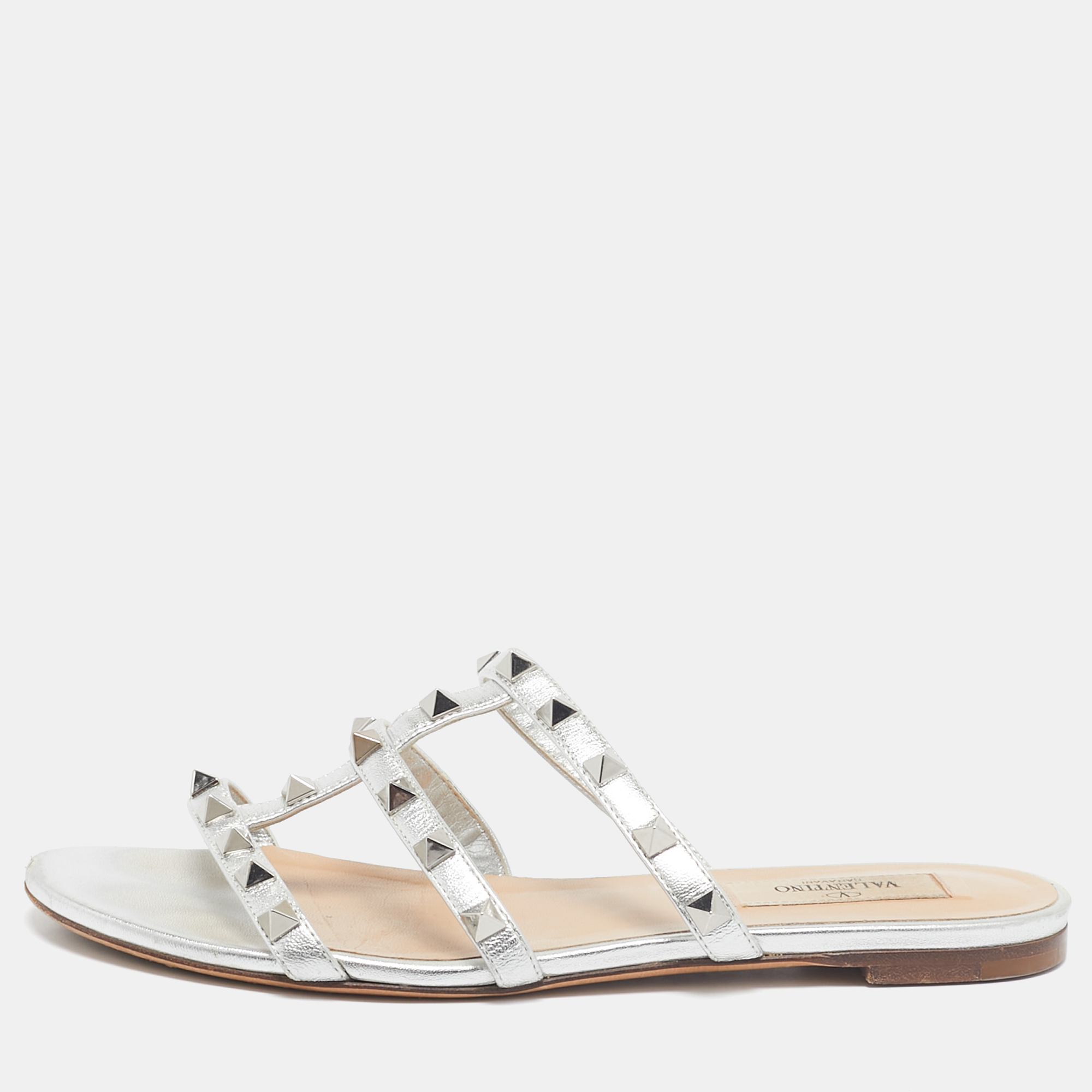 

Valentino Silver Leather Rockstud Slide Flats Size