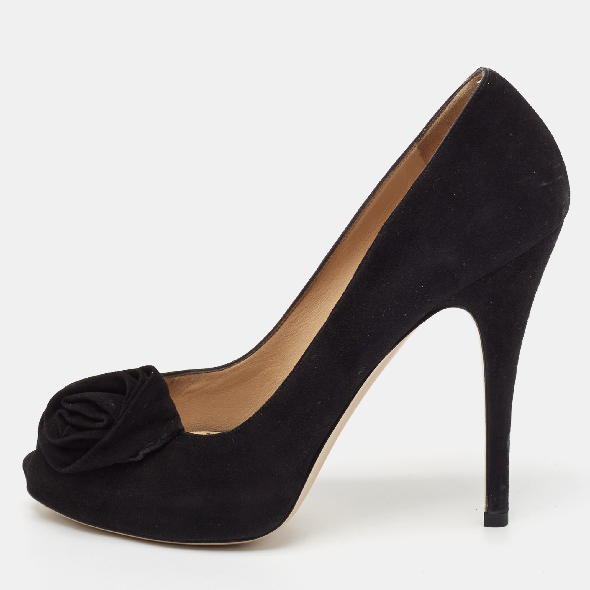 

Valentino Black Suede Rose Peep Toe Pumps Size