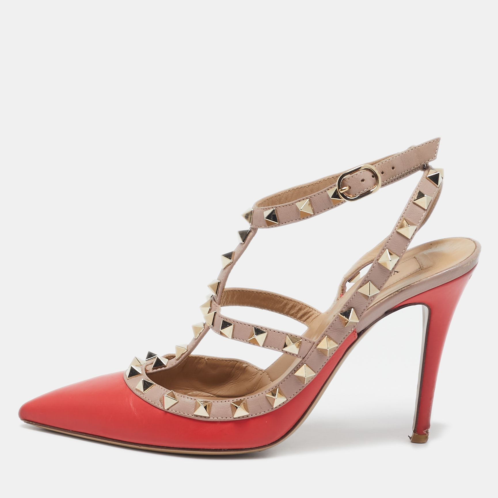 

Valentino Red/Beige Leather Rockstud Ankle Strap Pumps Size