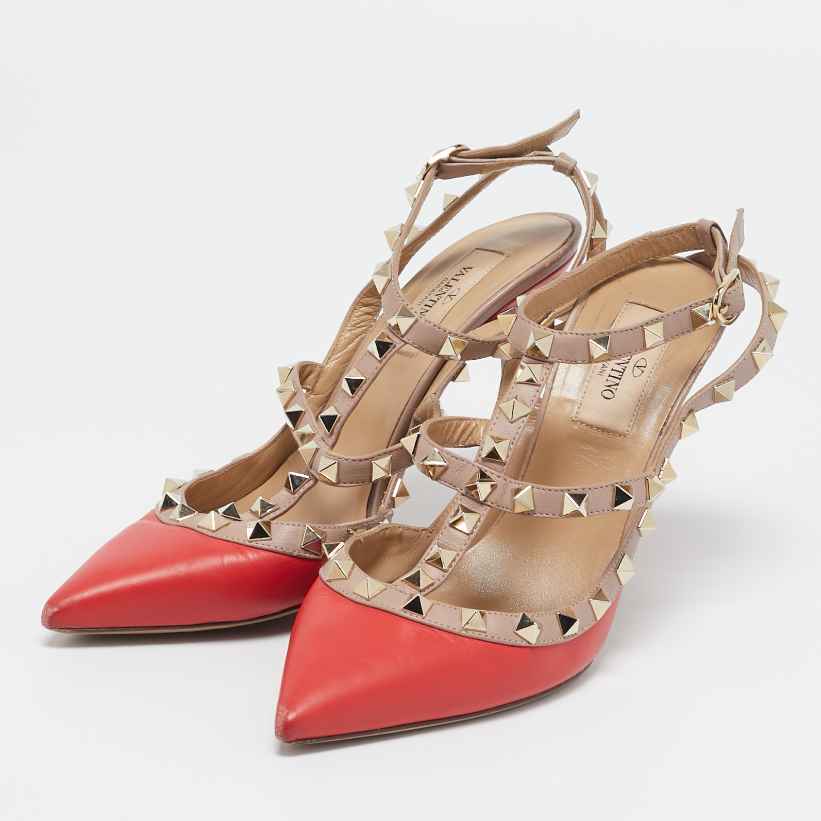 Valentino Red/Beige Leather Rockstud Ankle Strap Pumps Size 37 