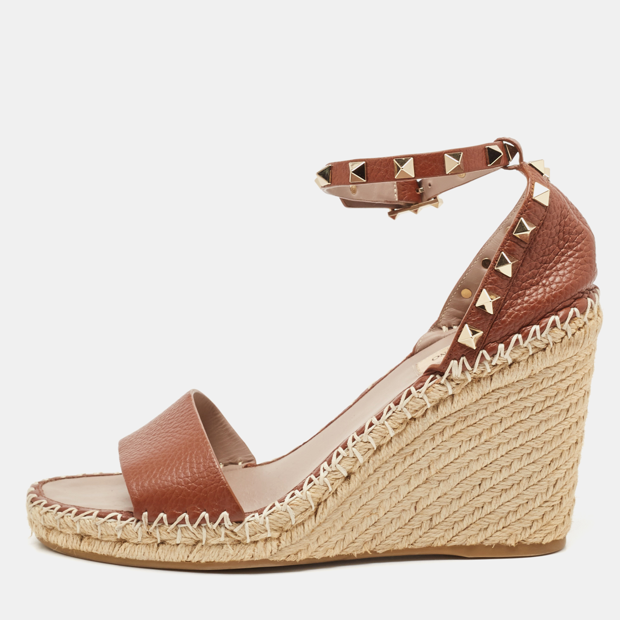 

Valentino Brown Leather Rockstud Ankle Strap Espadrille Wedge Sandals Size