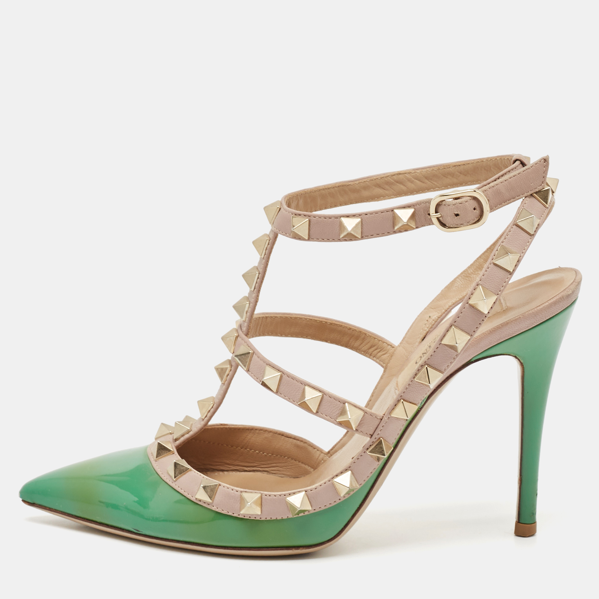 

Valentino Green/Beige Leather Rockstud Strappy Pointed Toe Pumps Size