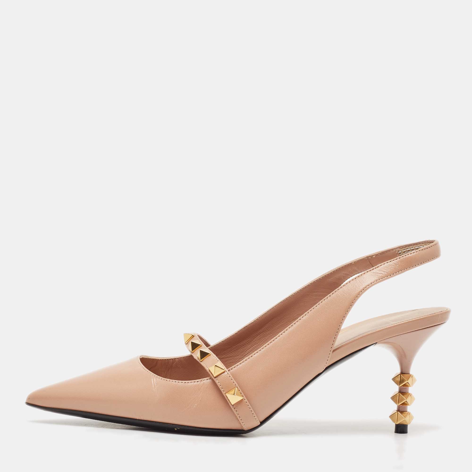 

Valentino Beige Leather Rockstud Slingback Pumps Size