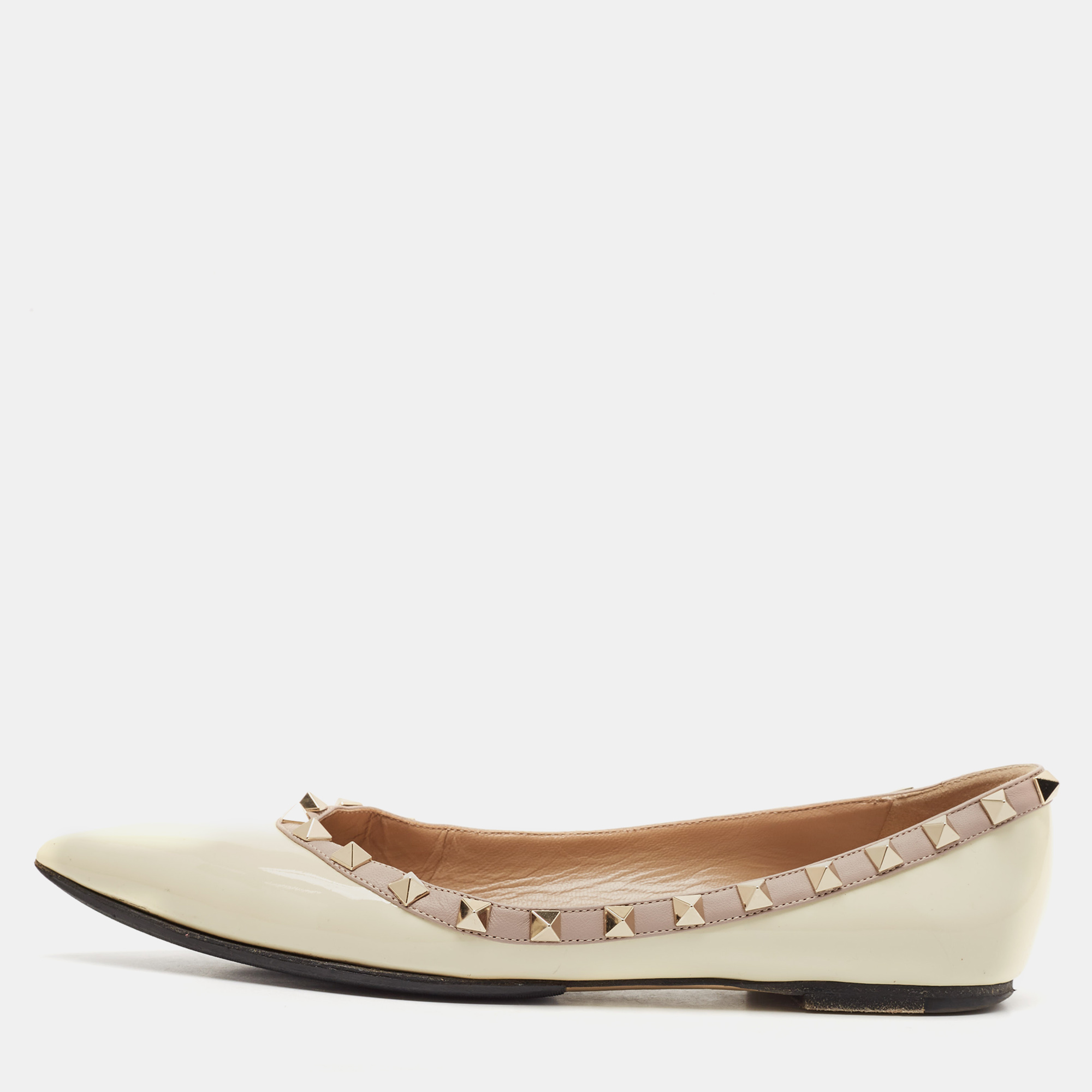 

Valentino White/Beige Leather Rockstud Pointed Toe Ballet Flats Size, Cream