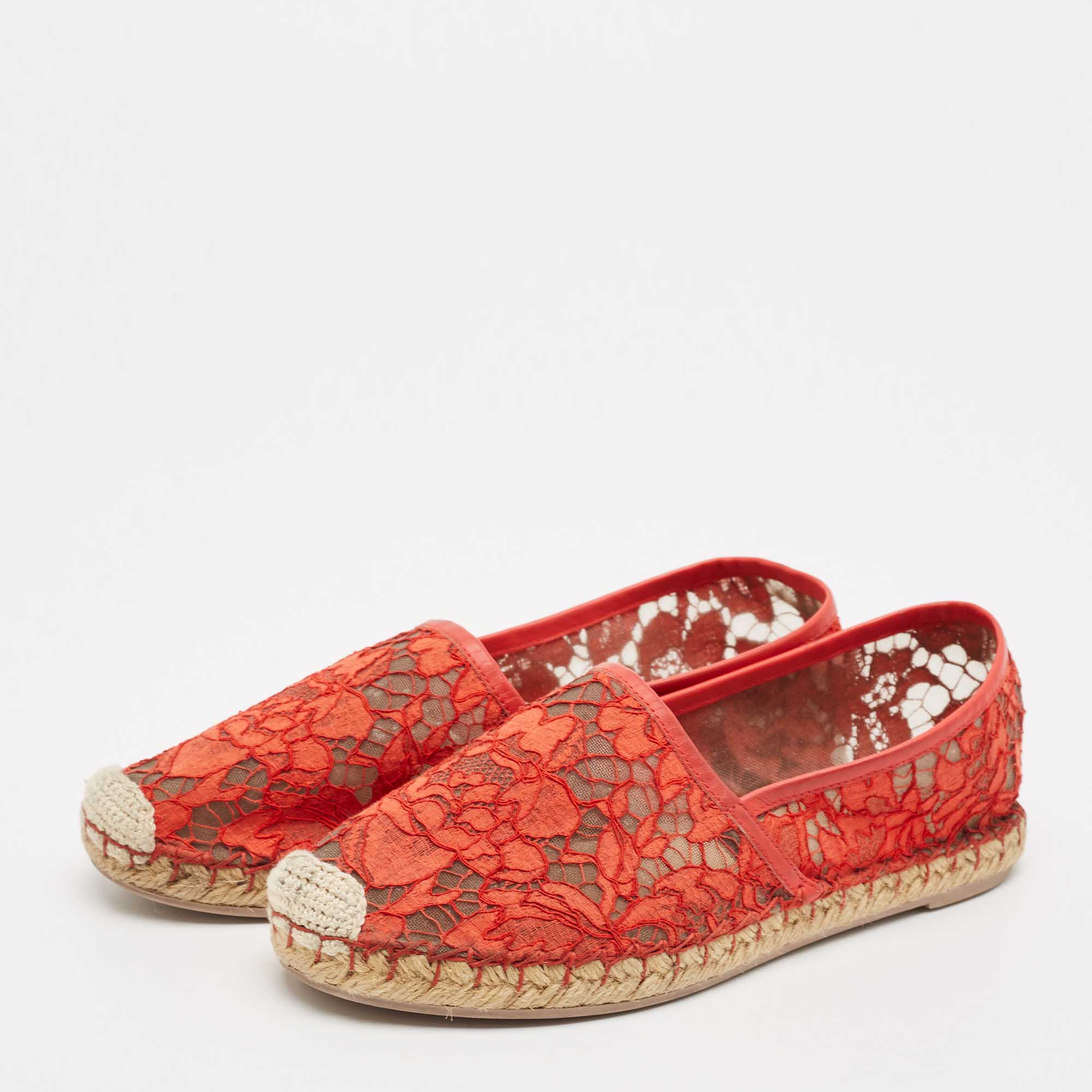 Valentino Red Lace and Leather Espadrille Flats Size 37 