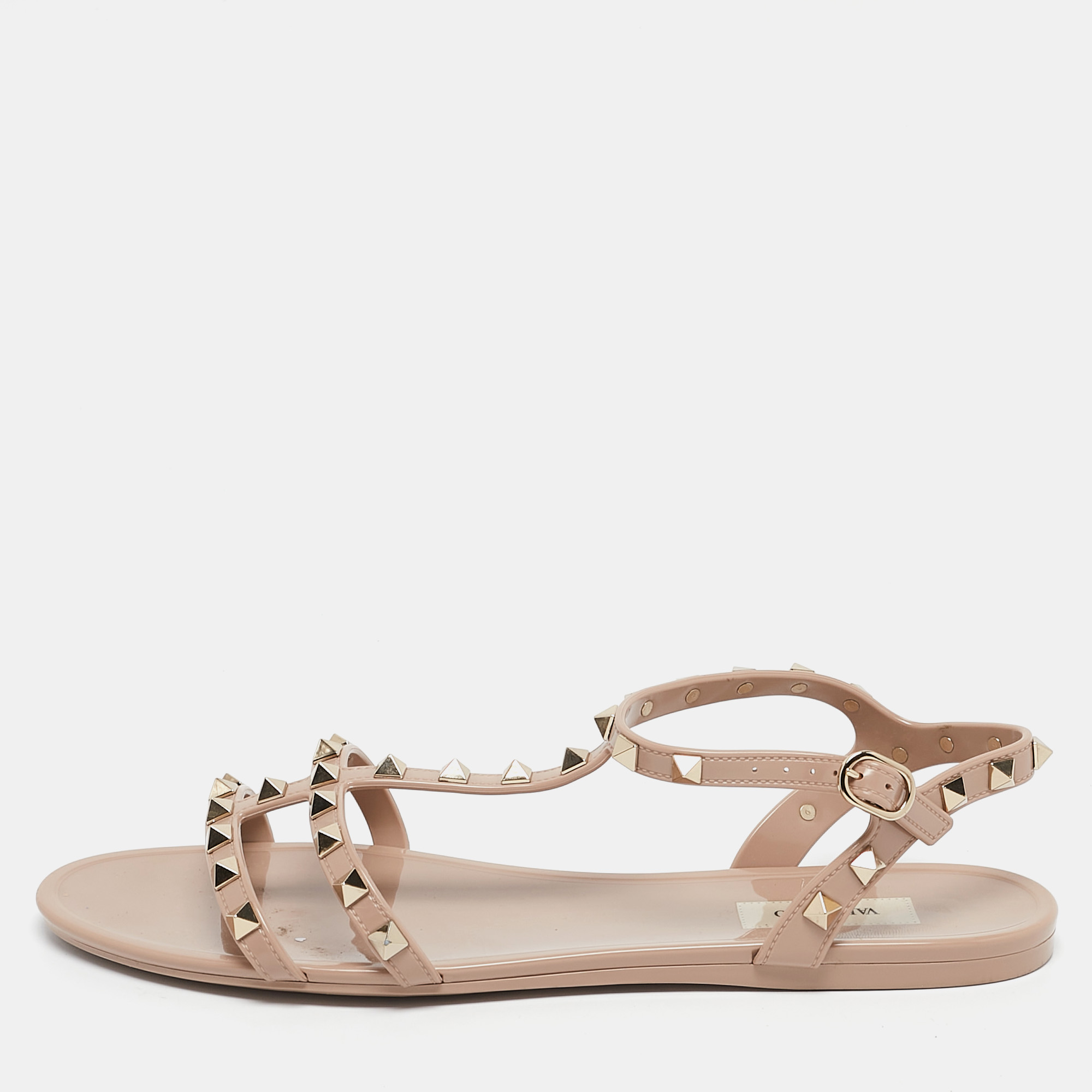 

Valentino Beige Rubber Rockstud Ankle Strap Flat Sandals Size