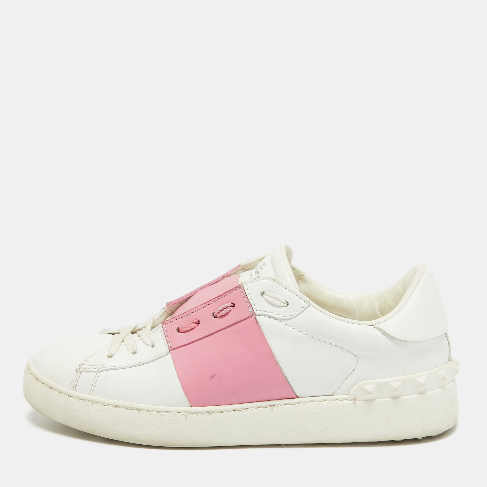 

Valentino White/Red Leather Rockstud Lace Up Sneakers Size