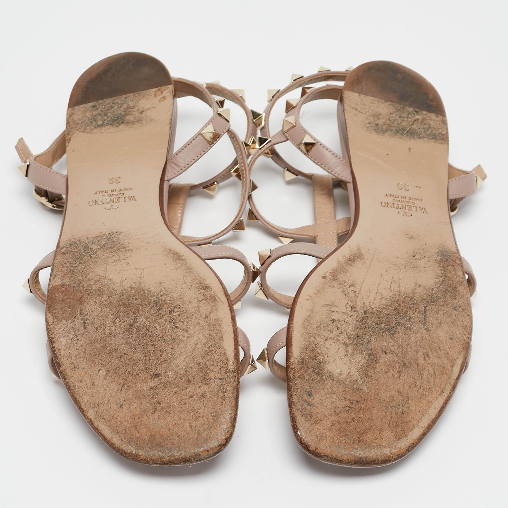 Valentino Pink Leather Rockstud Flat Ankle Strap Sandals Size 39 