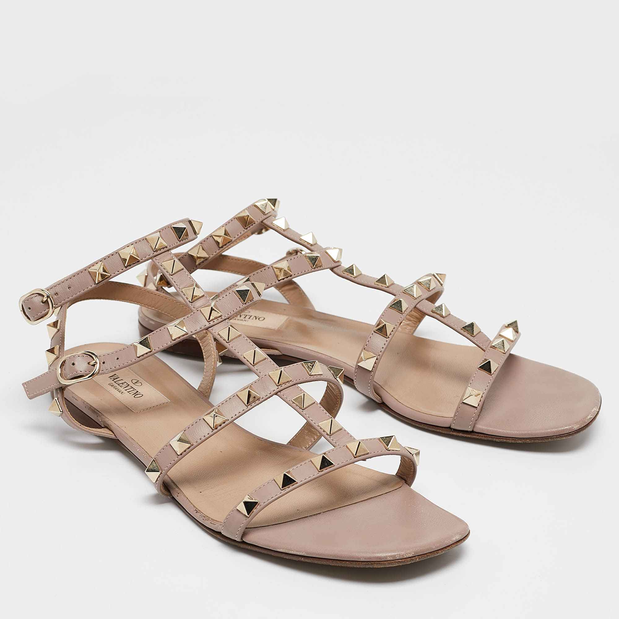 Valentino Pink Leather Rockstud Flat Ankle Strap Sandals Size 39 