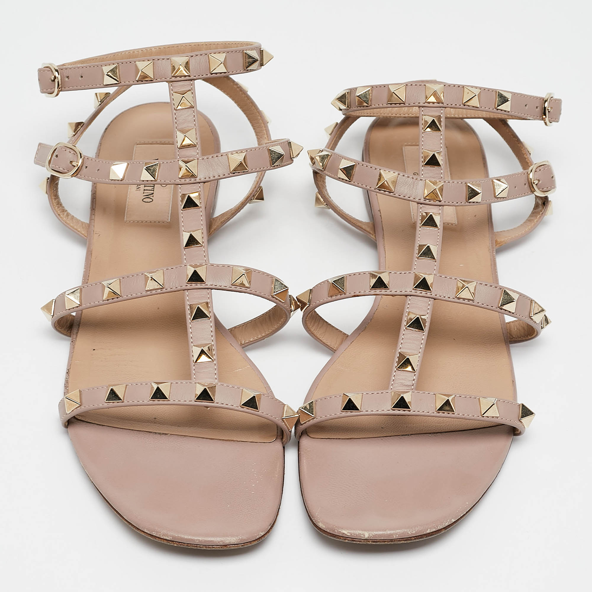 Valentino Pink Leather Rockstud Flat Ankle Strap Sandals Size 39 