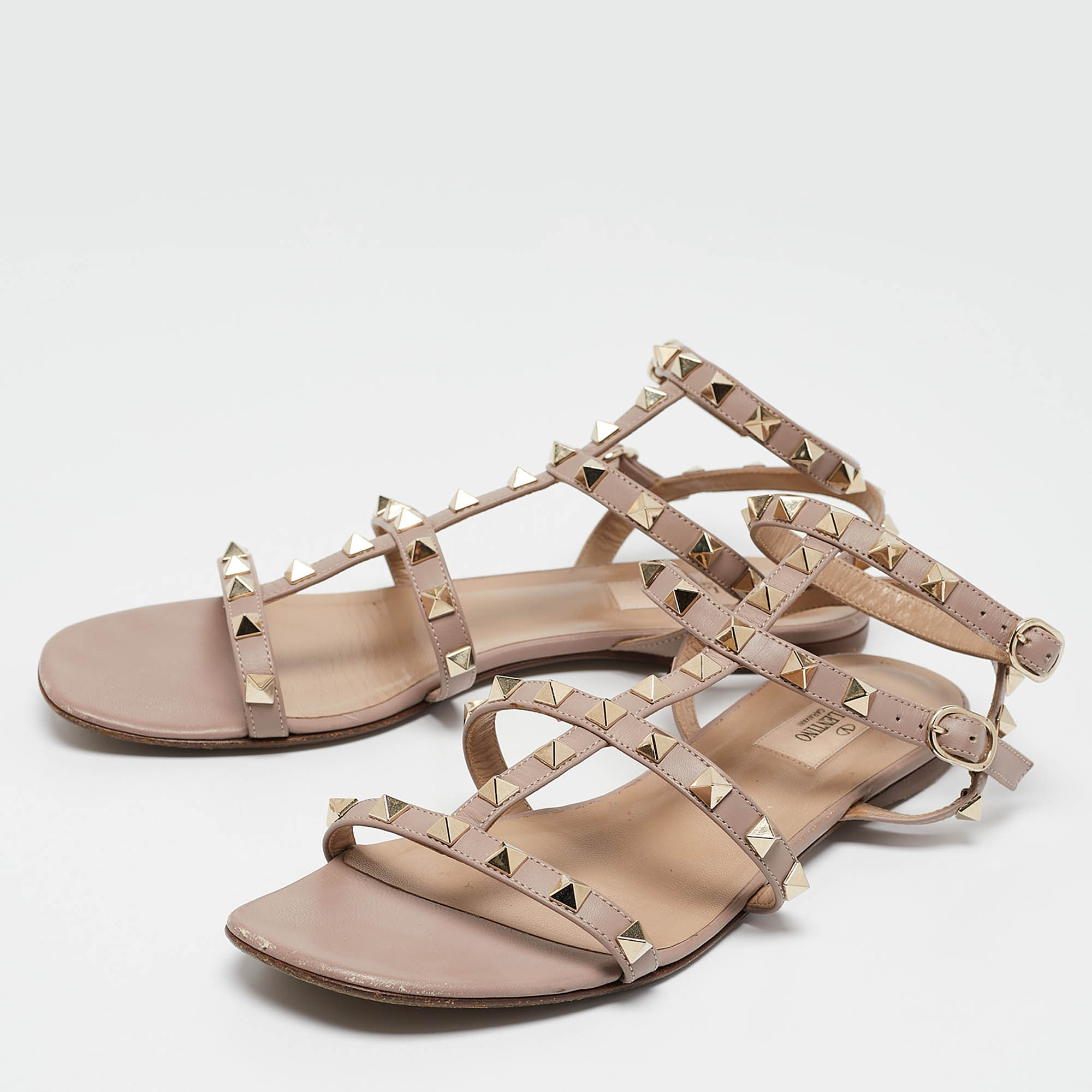 Valentino Pink Leather Rockstud Flat Ankle Strap Sandals Size 39 