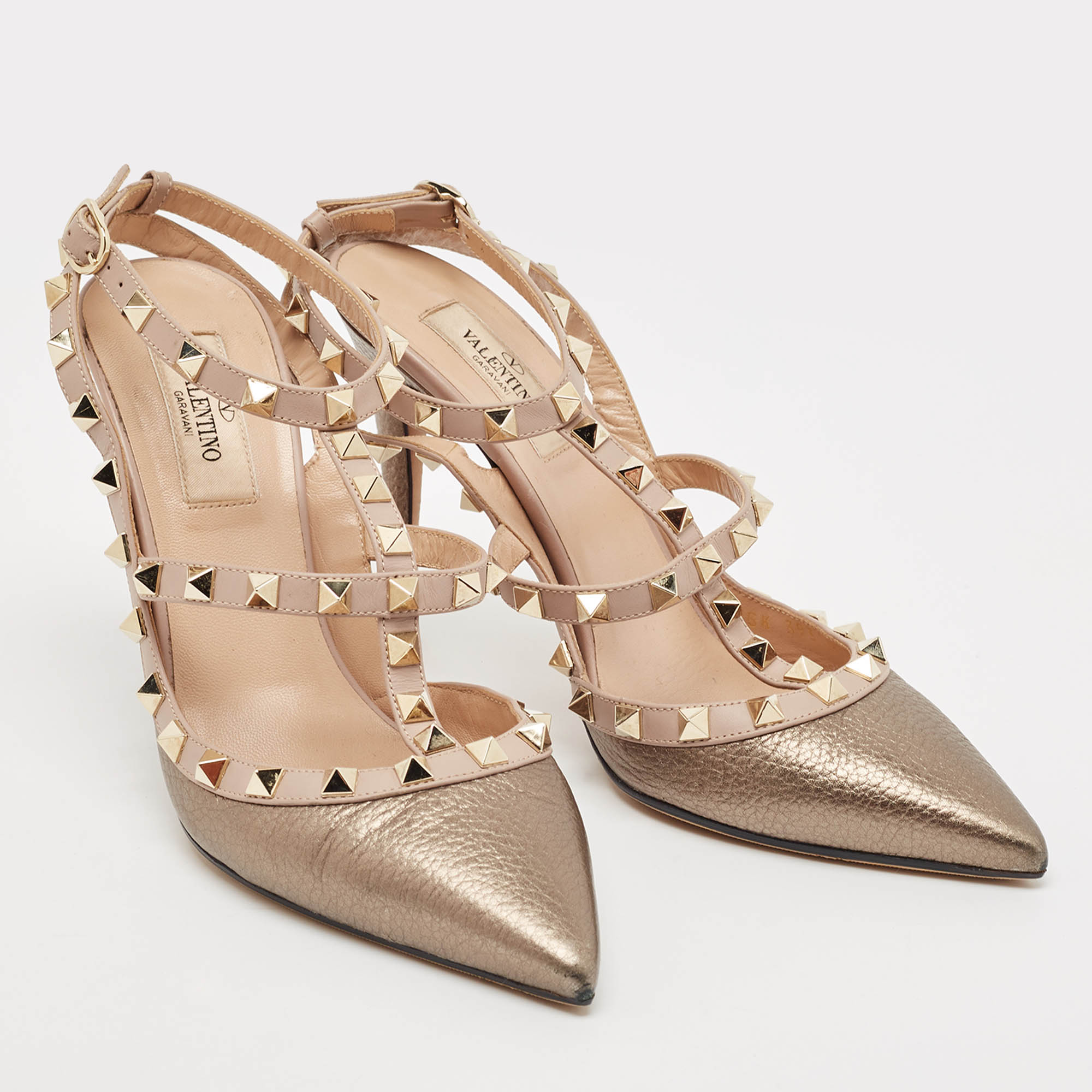 Valentino Gold/Beige Leather Rockstud Ankle Strap Pumps Size 38 