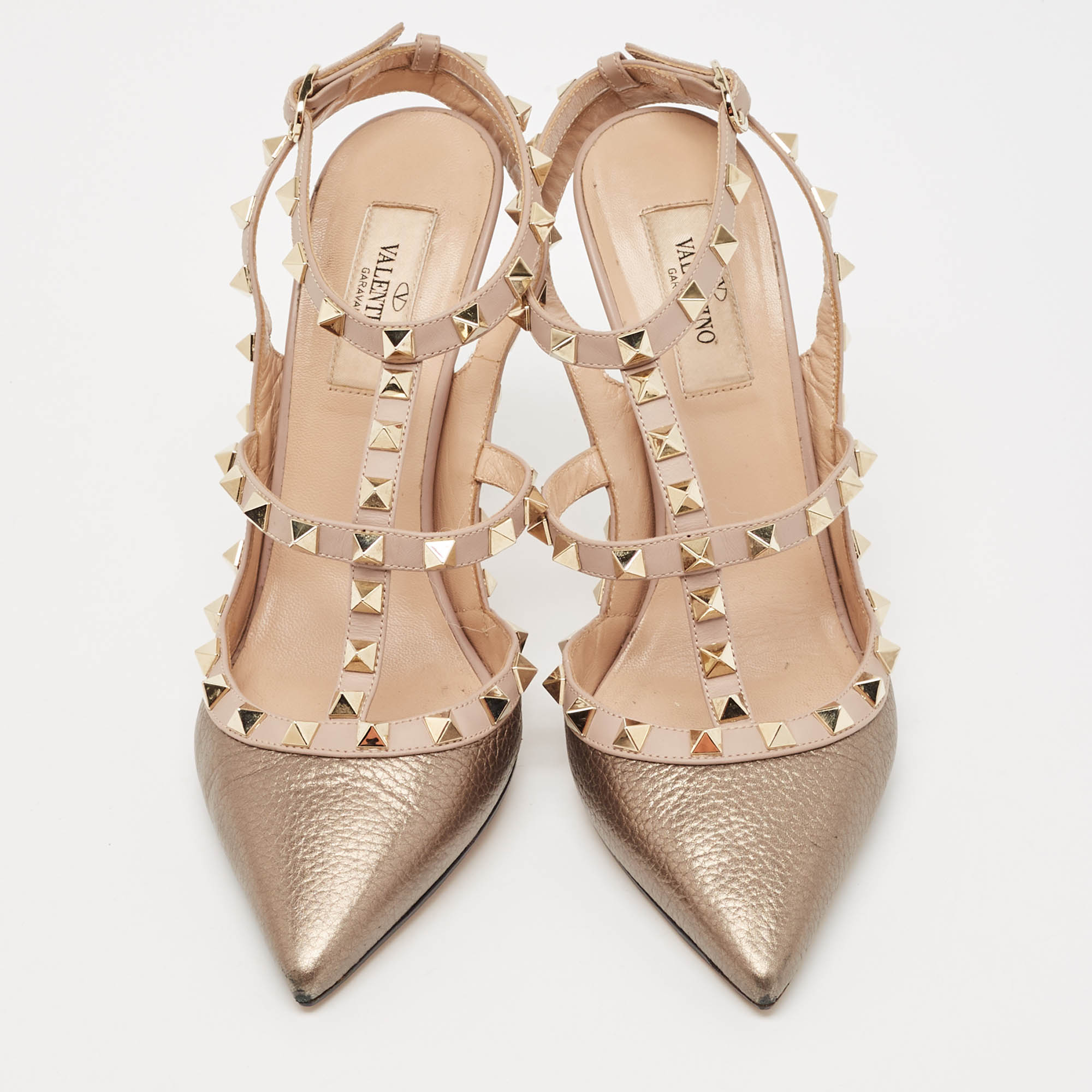 Valentino Gold/Beige Leather Rockstud Ankle Strap Pumps Size 38 