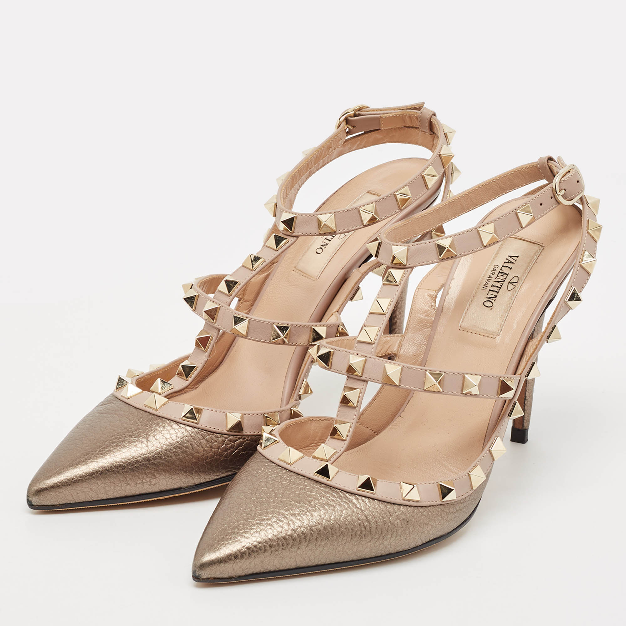 Valentino Gold/Beige Leather Rockstud Ankle Strap Pumps Size 38 