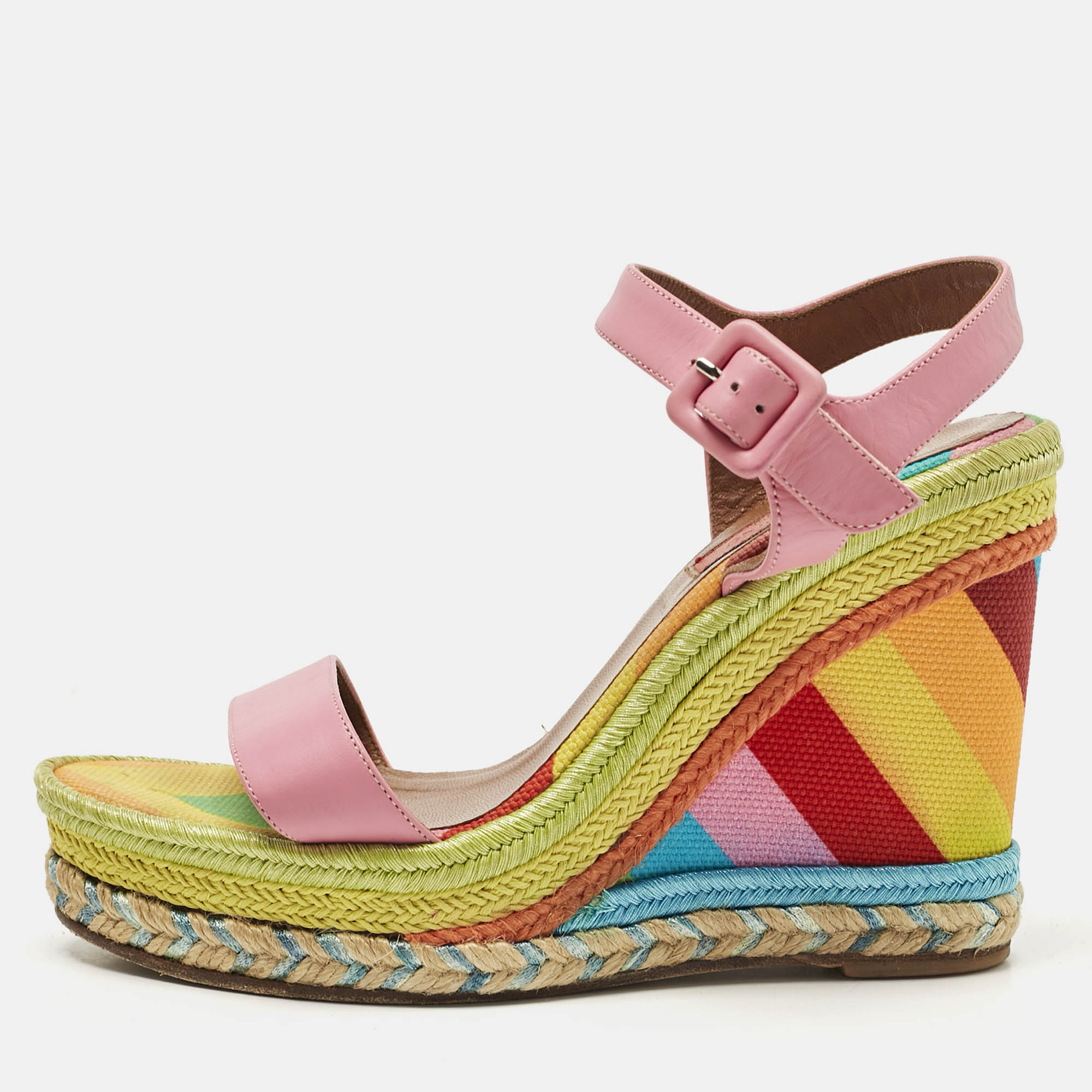 

Valentino Pink Leather And Multicolor Chevron Wedge Ankle Strap Sandals Size