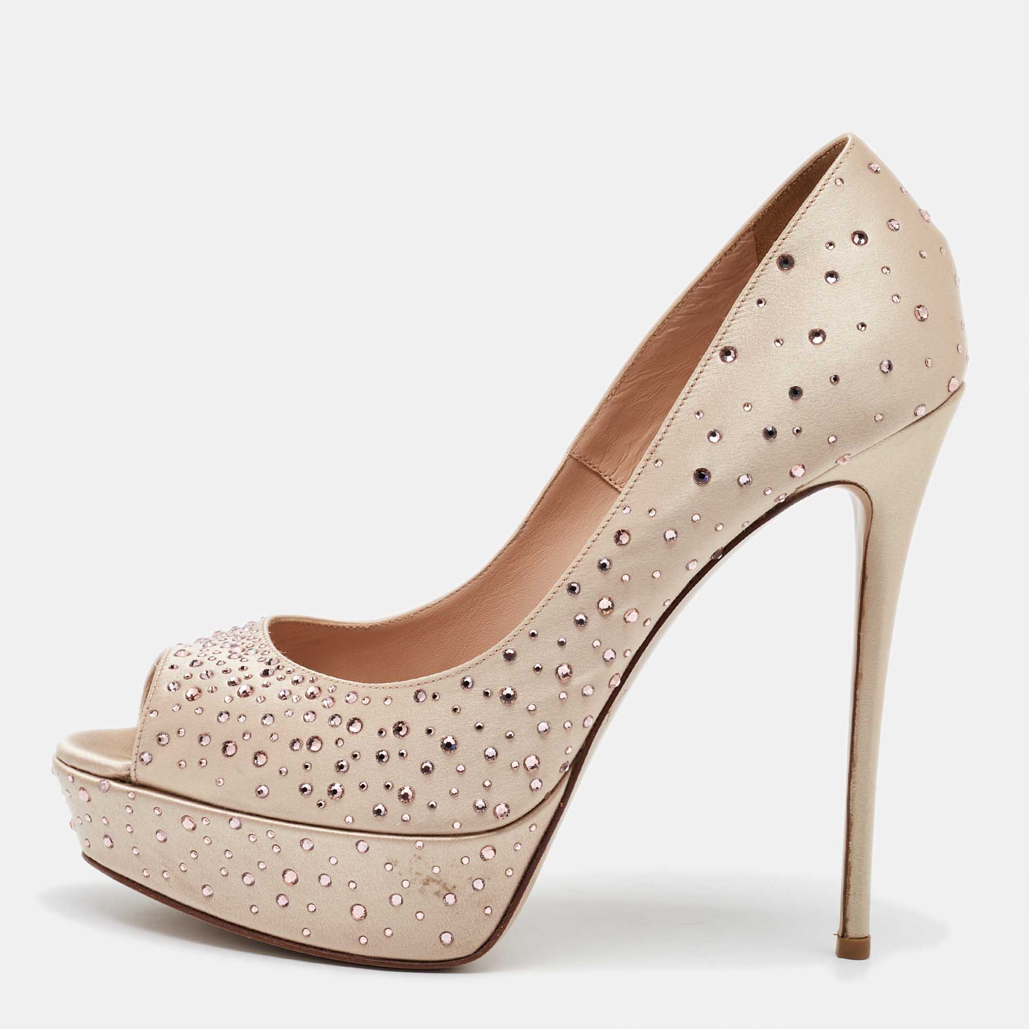 

Valentino Beige Crystal Embellished Satin Peep Toe Platform Pumps Size