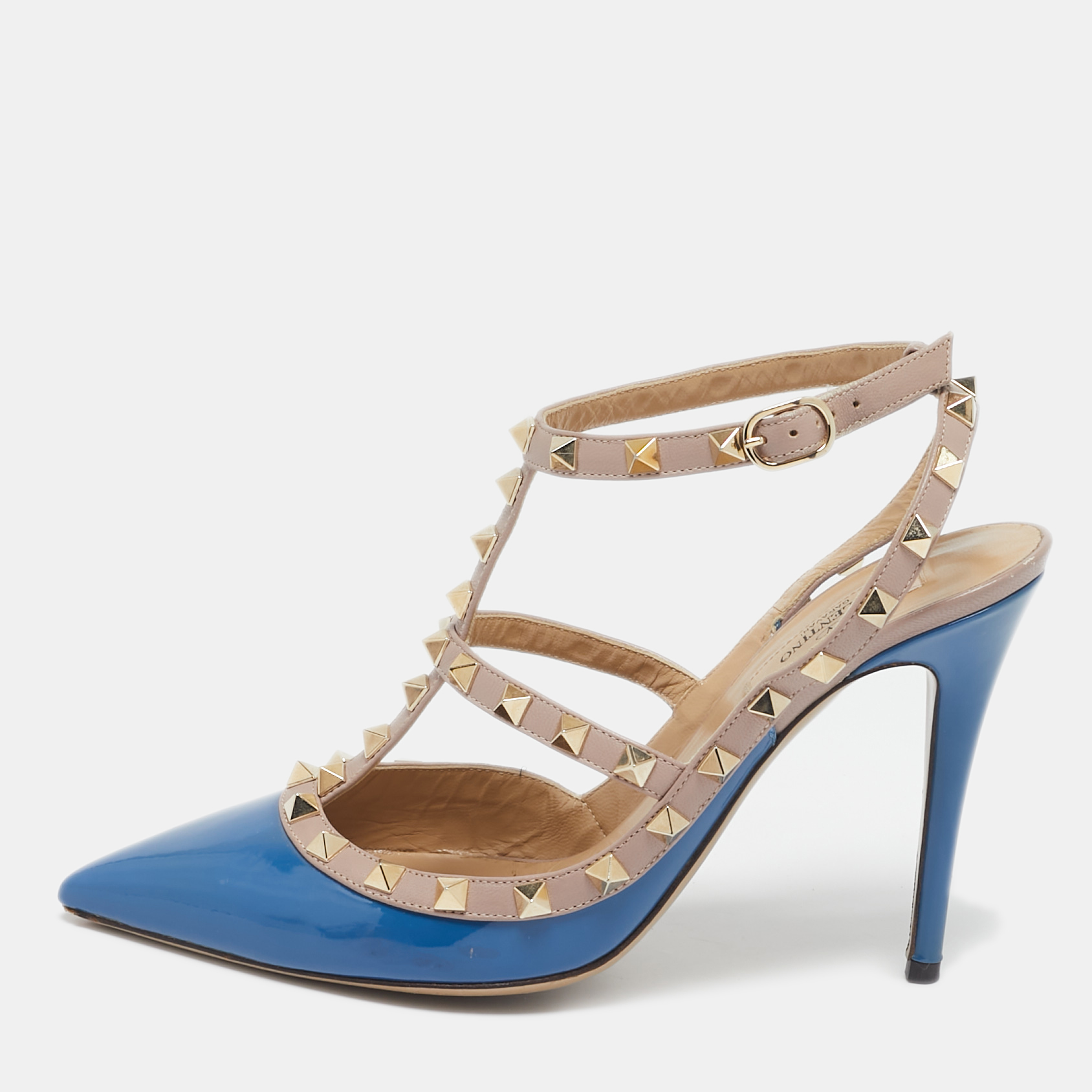 

Valentino Blue/Beige Patent and Leather Caged Rockstud Ankle Strap Pumps Size