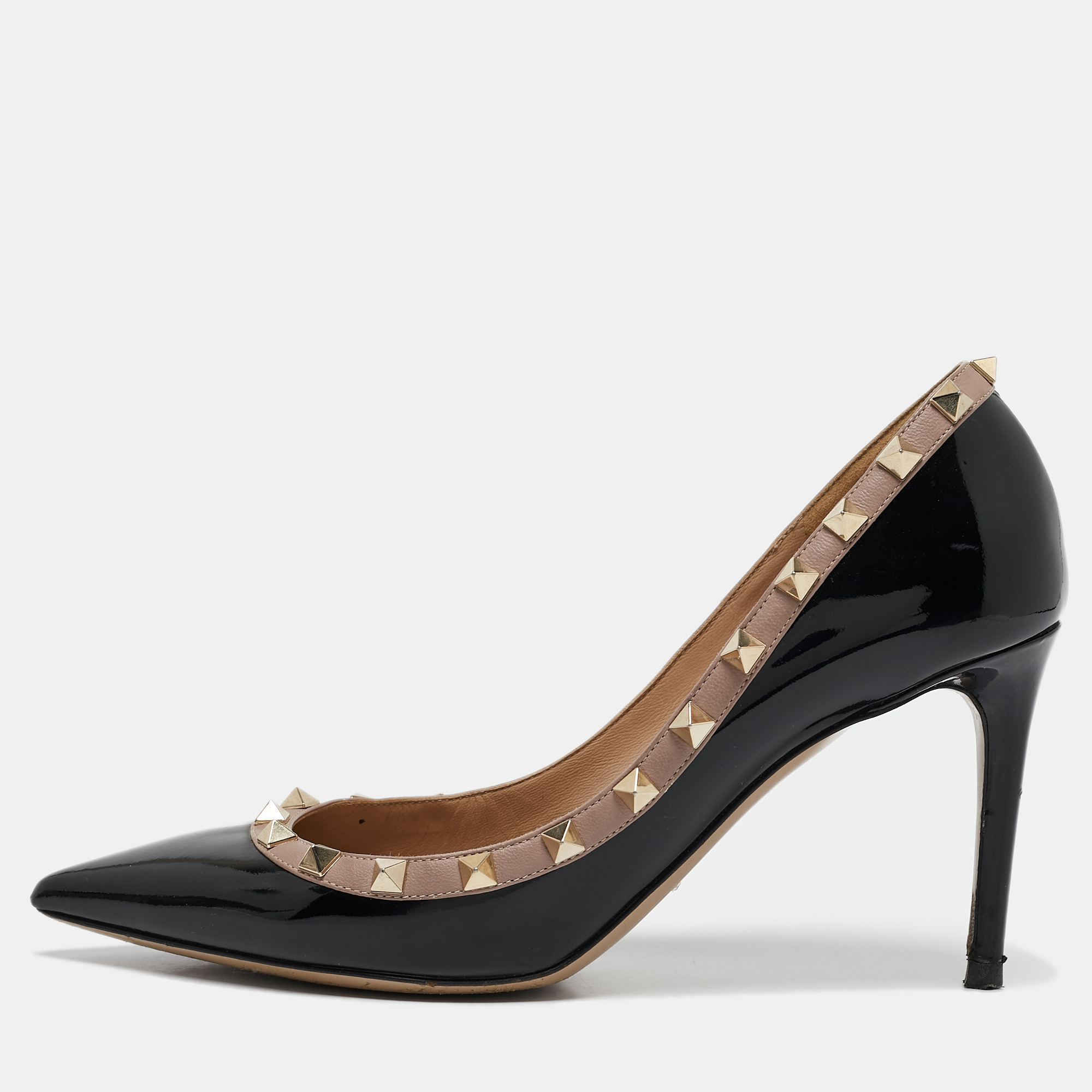 

Valentino Black/Beige Leather and Patent Rockstud Pointed Toe Pumps Size