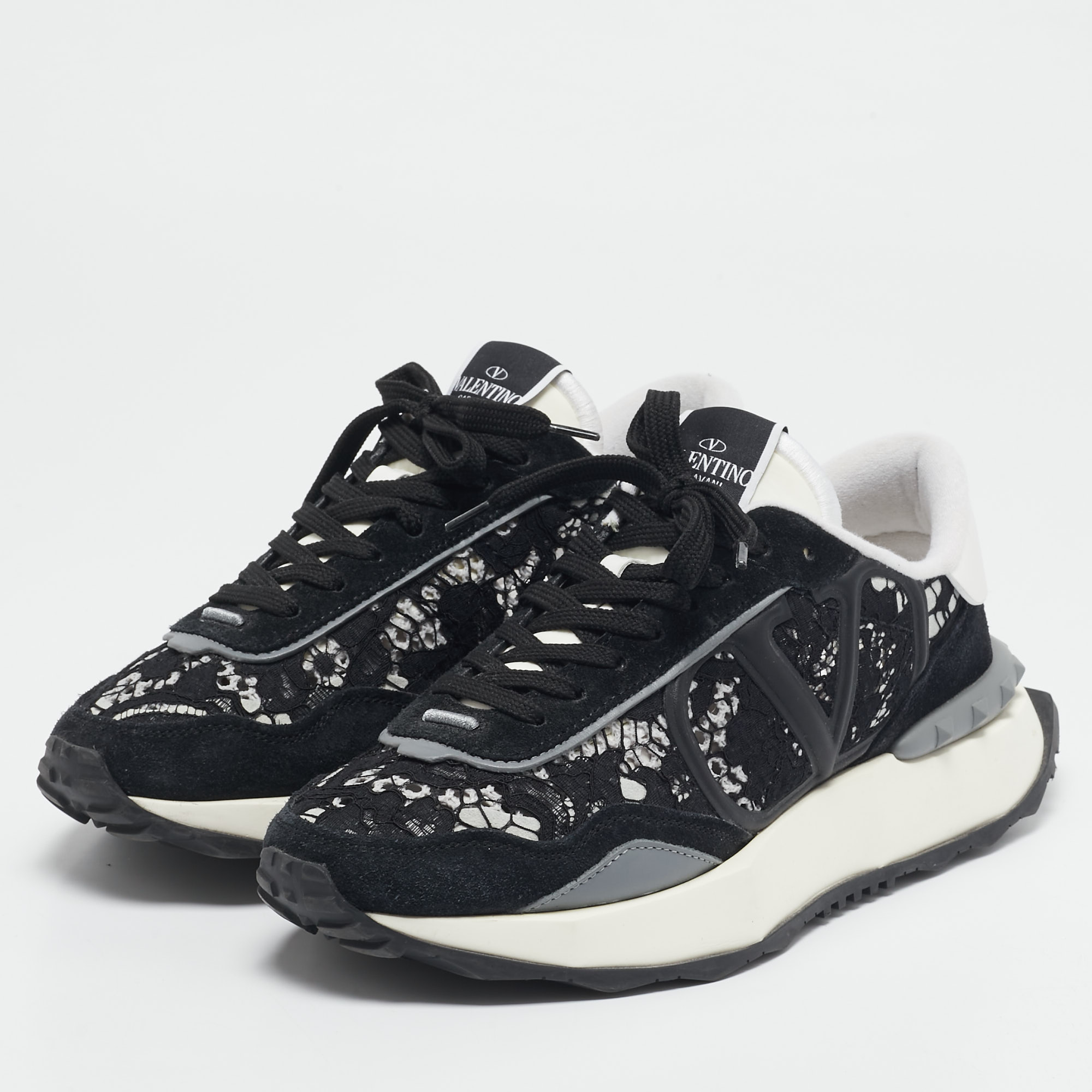 Valentino Black Lace and Suede Lacerunner Low Top Sneakers Size 40 