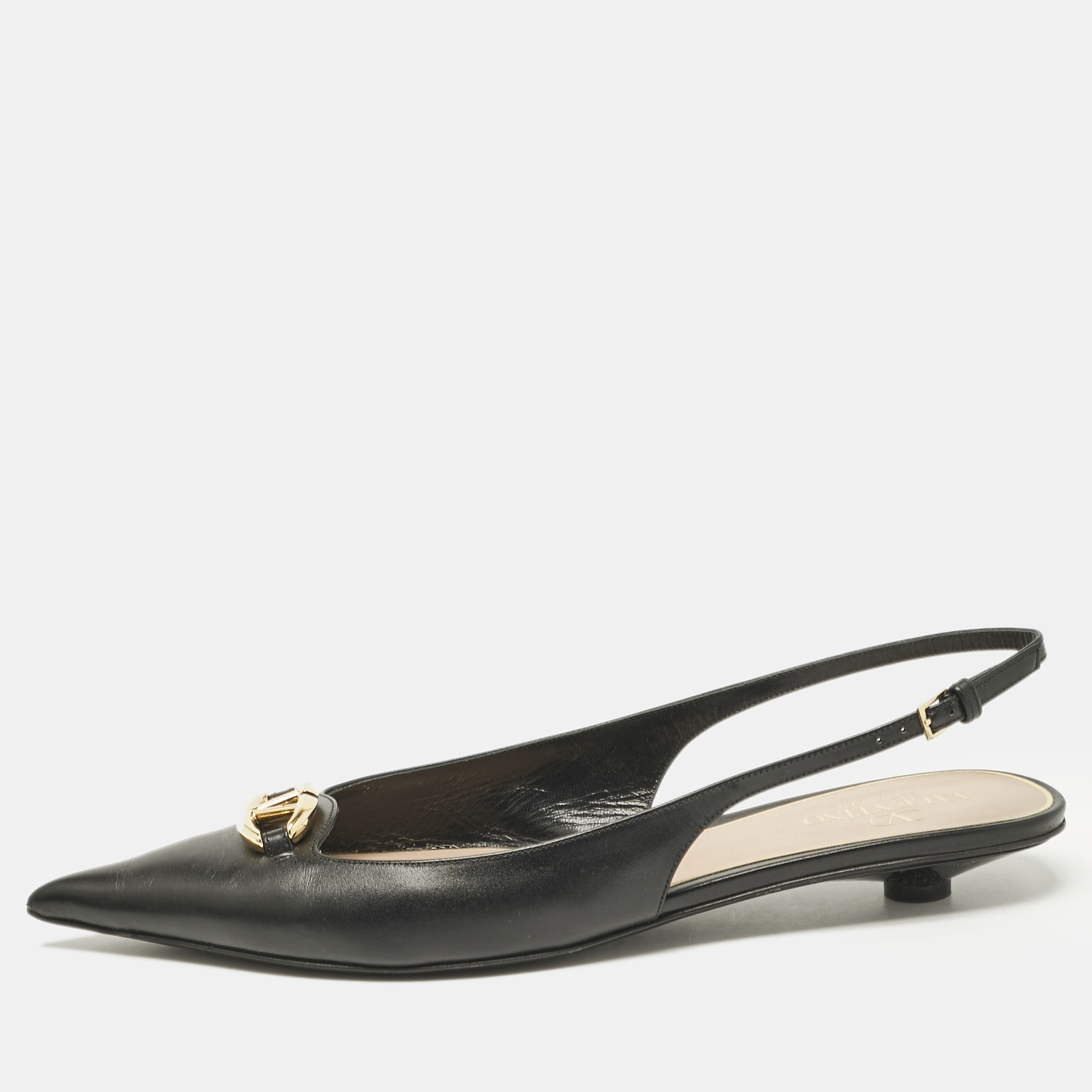 

Valentino Black Leather V Logo Pointed Toe Slingback Flat Sandals Size