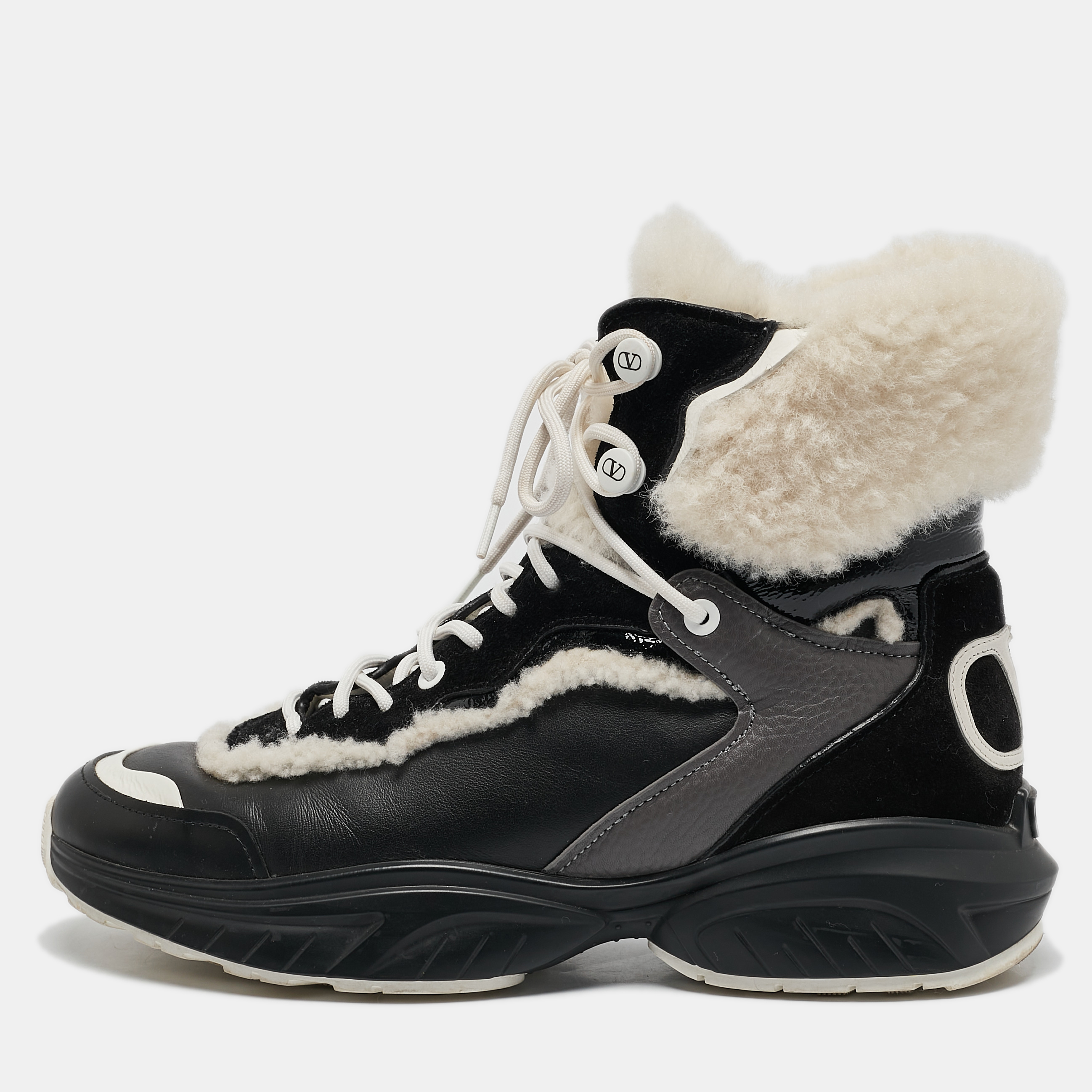 

Valentino Black Leather and Shearling VLogo High Top Sneakers Size