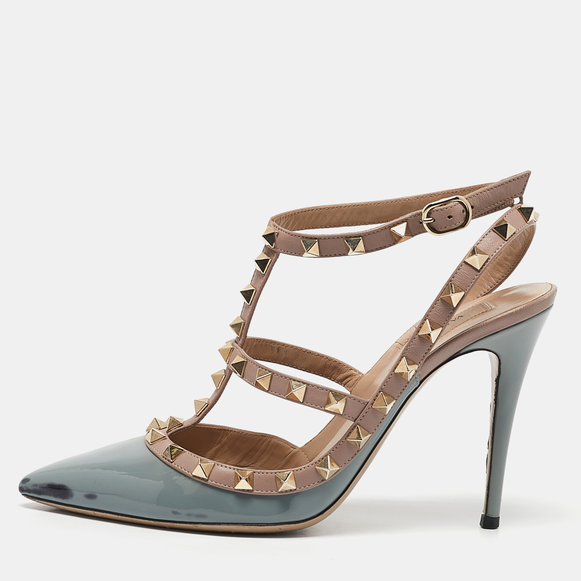 

Valentino Pale Blue/Beige Patent Leather Rockstud Ankle Strap Pumps Size