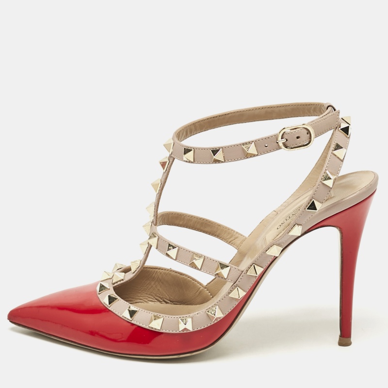 

Valentino Red/Beige Patent and Leather Rockstud Ankle Strap Pumps Size