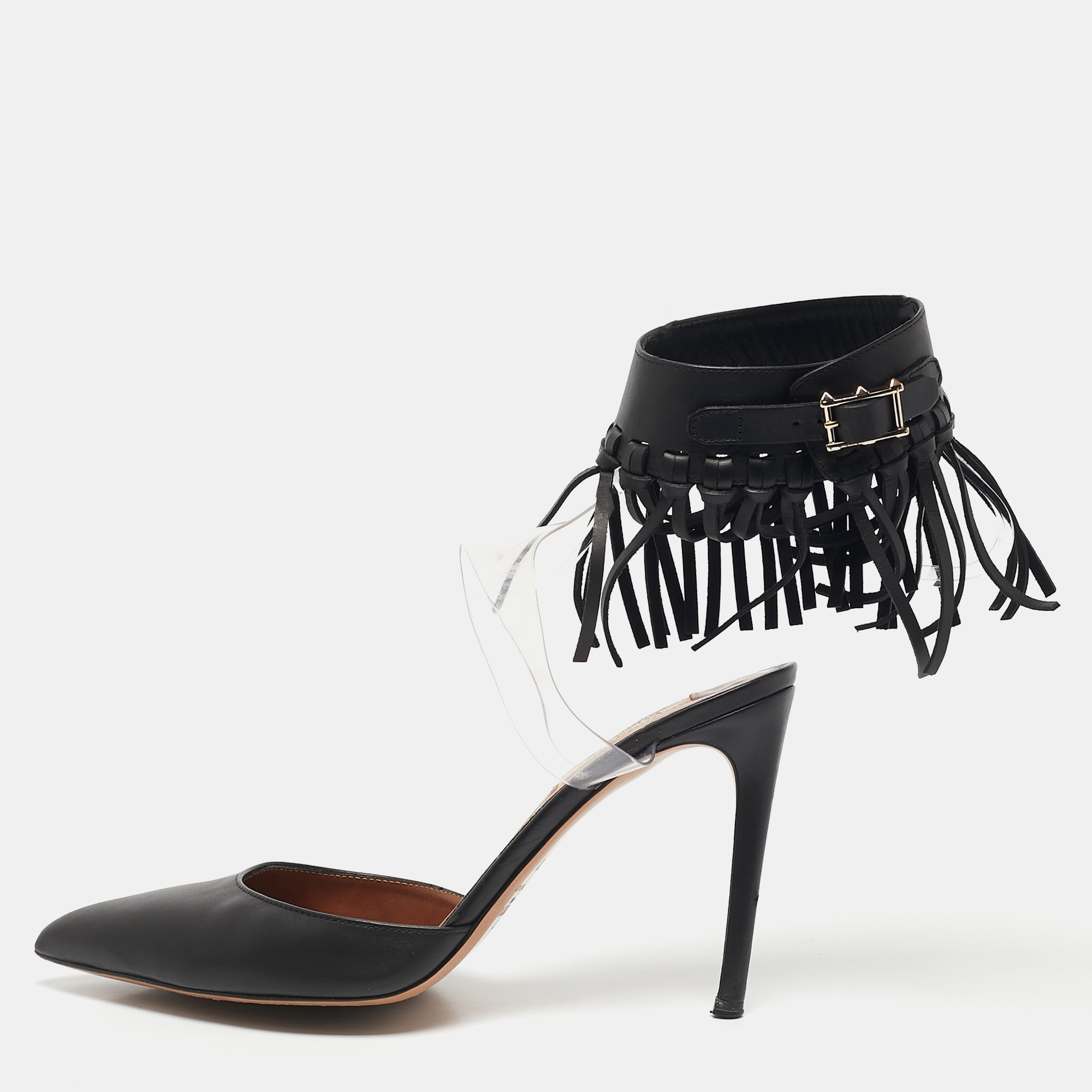 

Valentino Black Leather and PVC C-Rockee Fringe Ankle Wrap Pumps Size