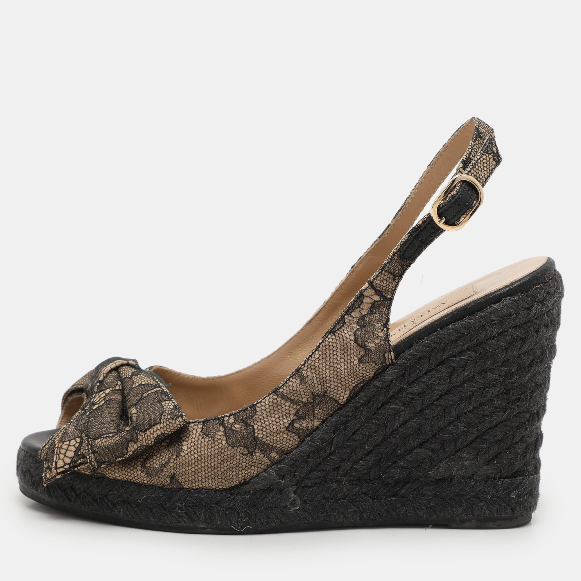 

Valentino Black/Beige Lace Bow Slingback Wedge Espadrille Sandals Size