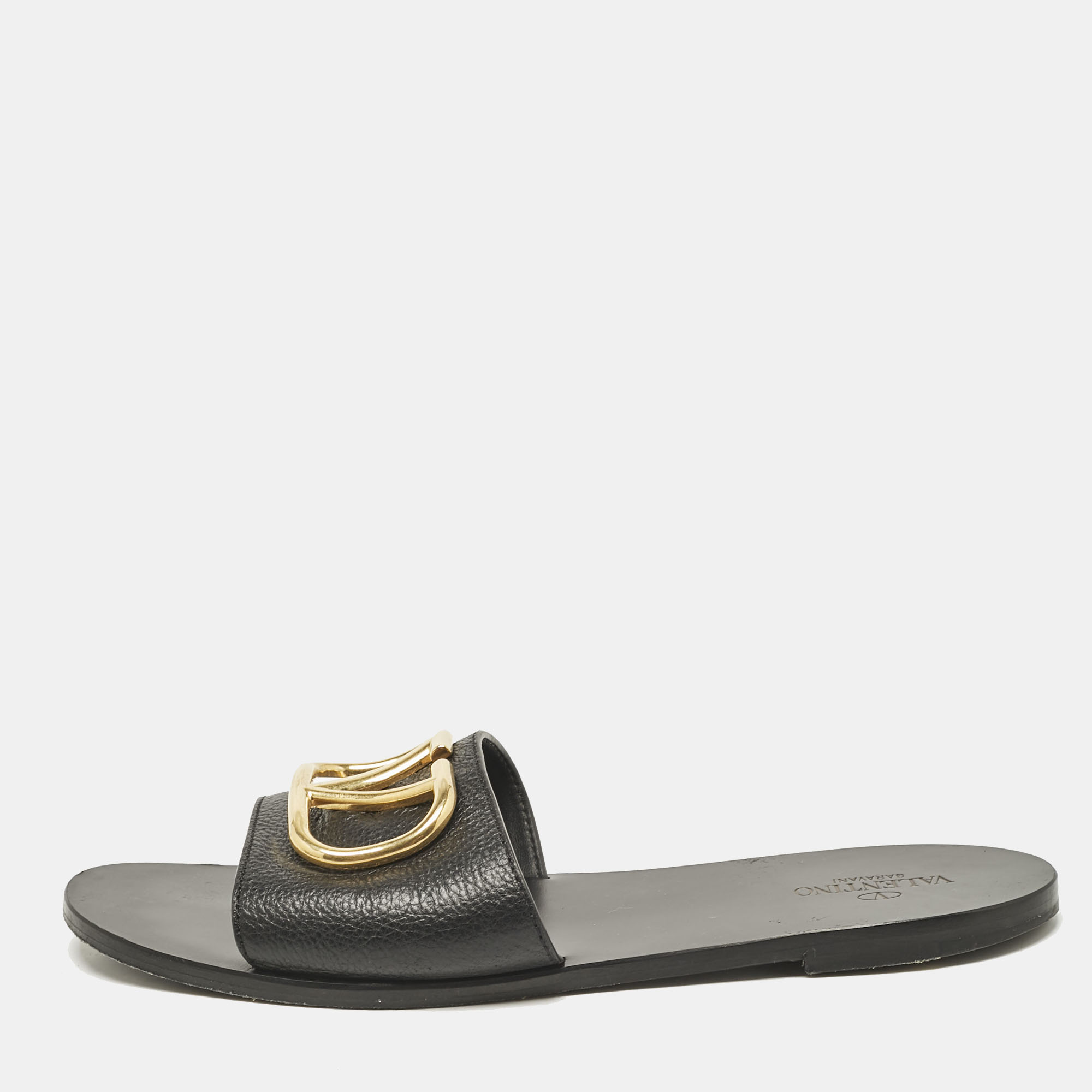 

Valentino Black Leather VLogo Flat Slides Size