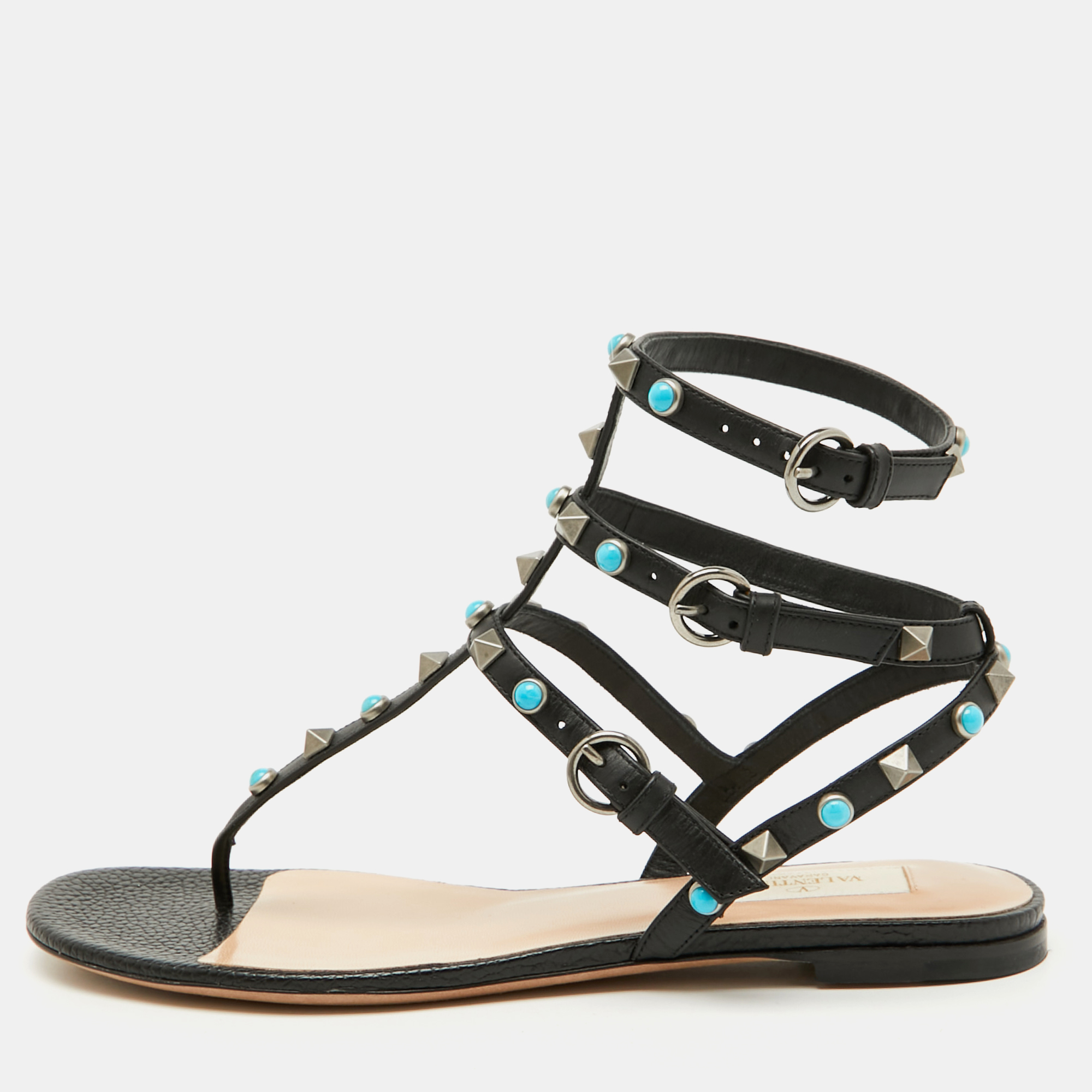 

Valentino Black Leather Rolling Rockstud Ankle Strap Flat Sandals Size