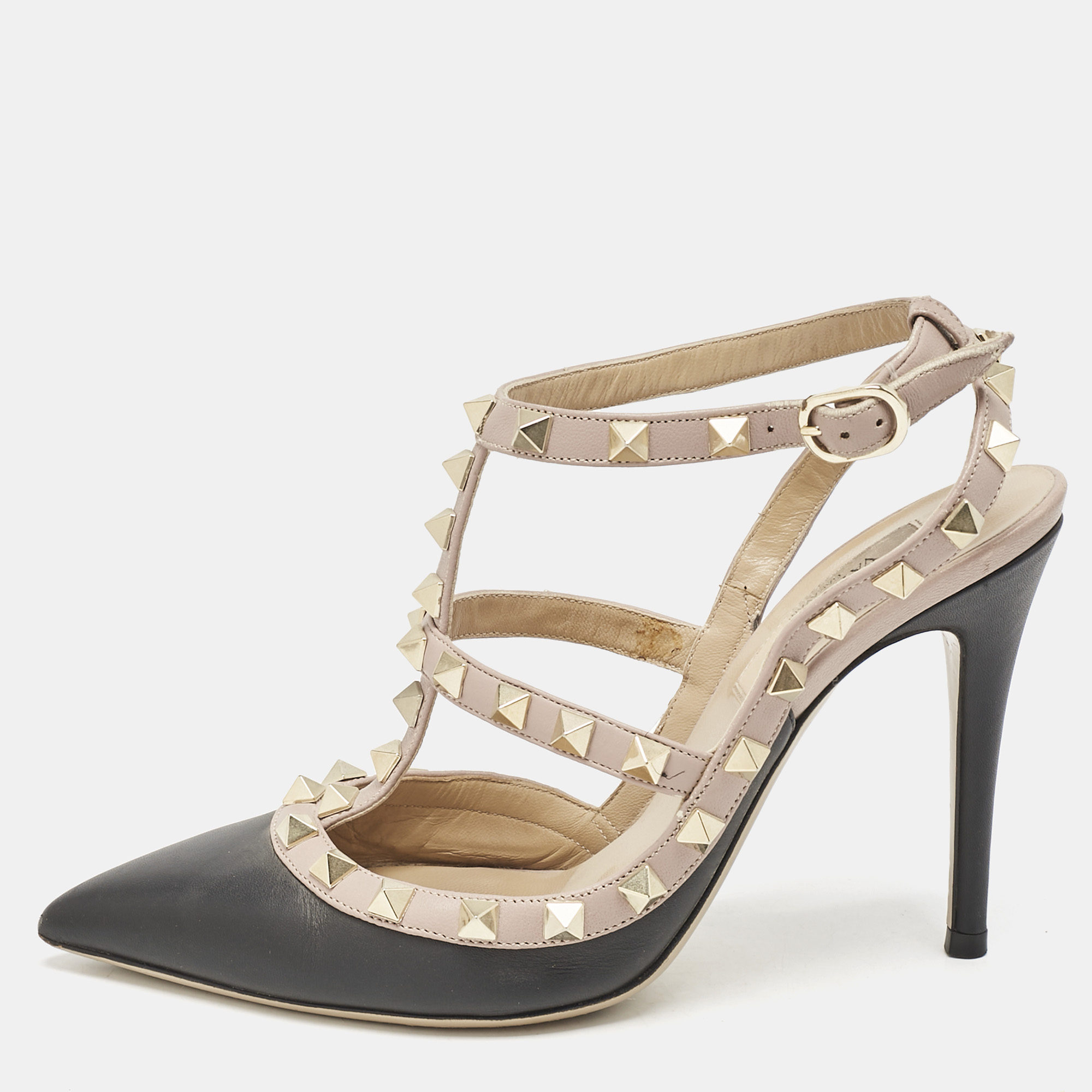 

Valentino Black/Dusty Pink Leather Rockstud Caged Pumps Size