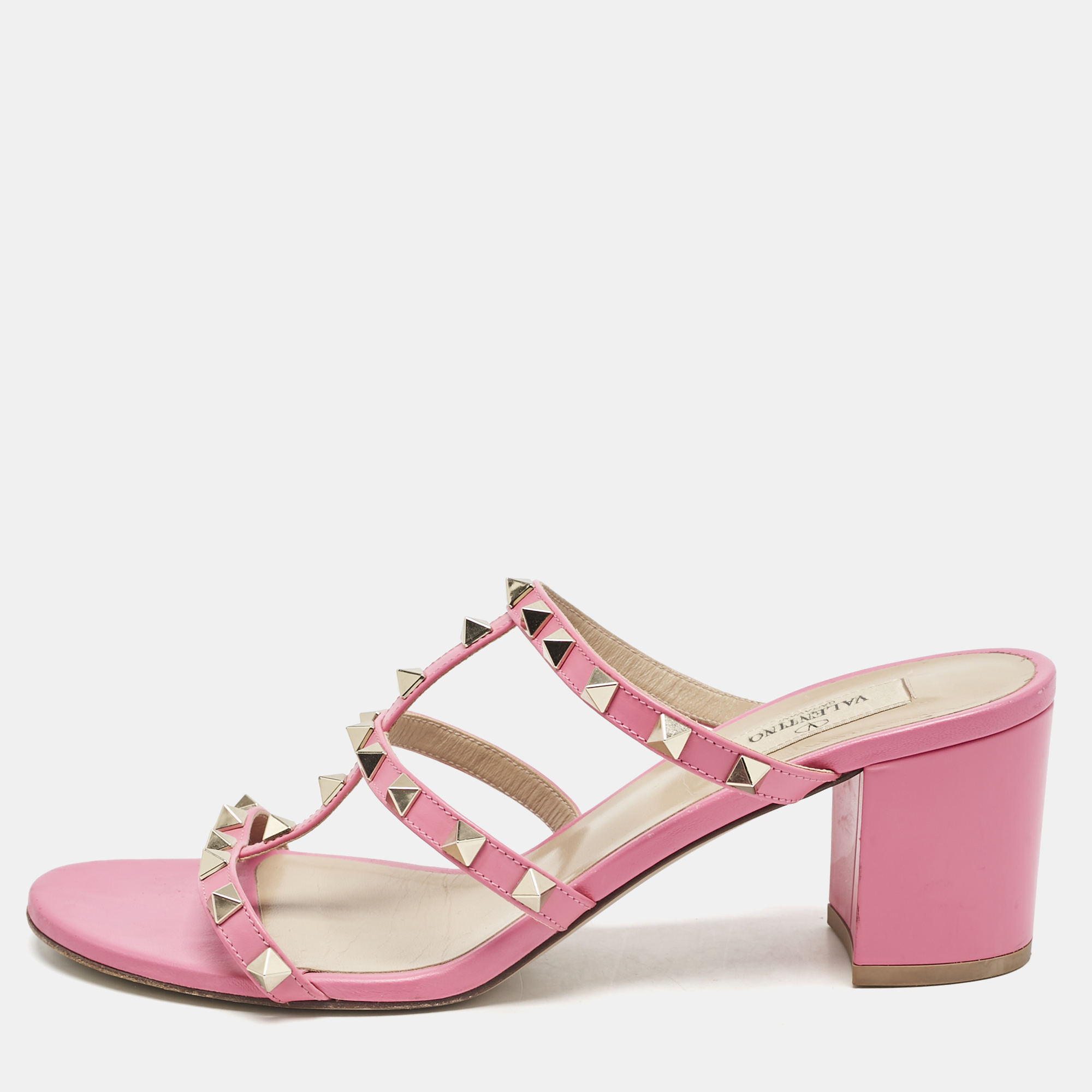 

Valentino Pink Leather Rockstud Slide Sandals Size