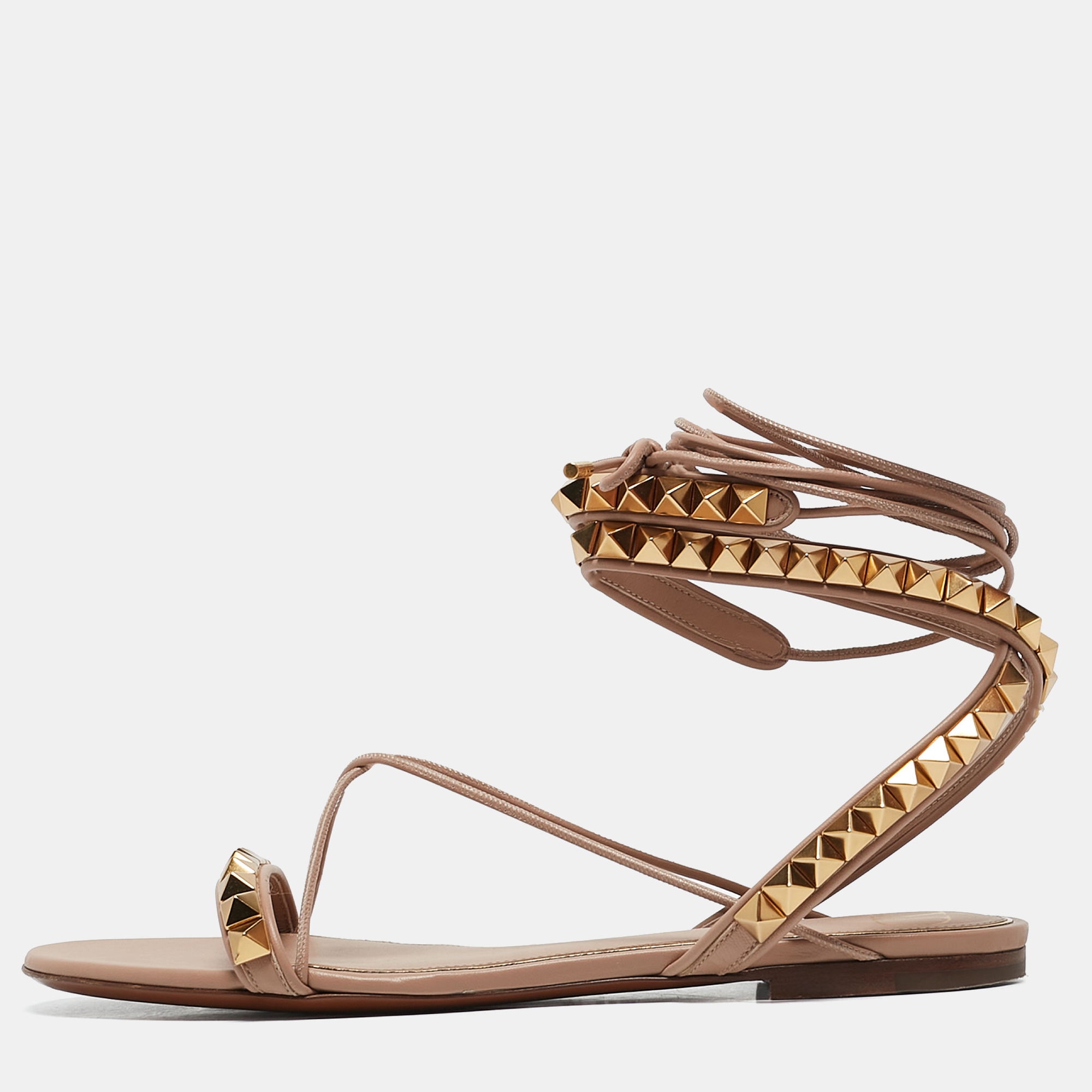 

Valentino Beige Leather Rockstud Ankle Wrap Flat Sandals Size